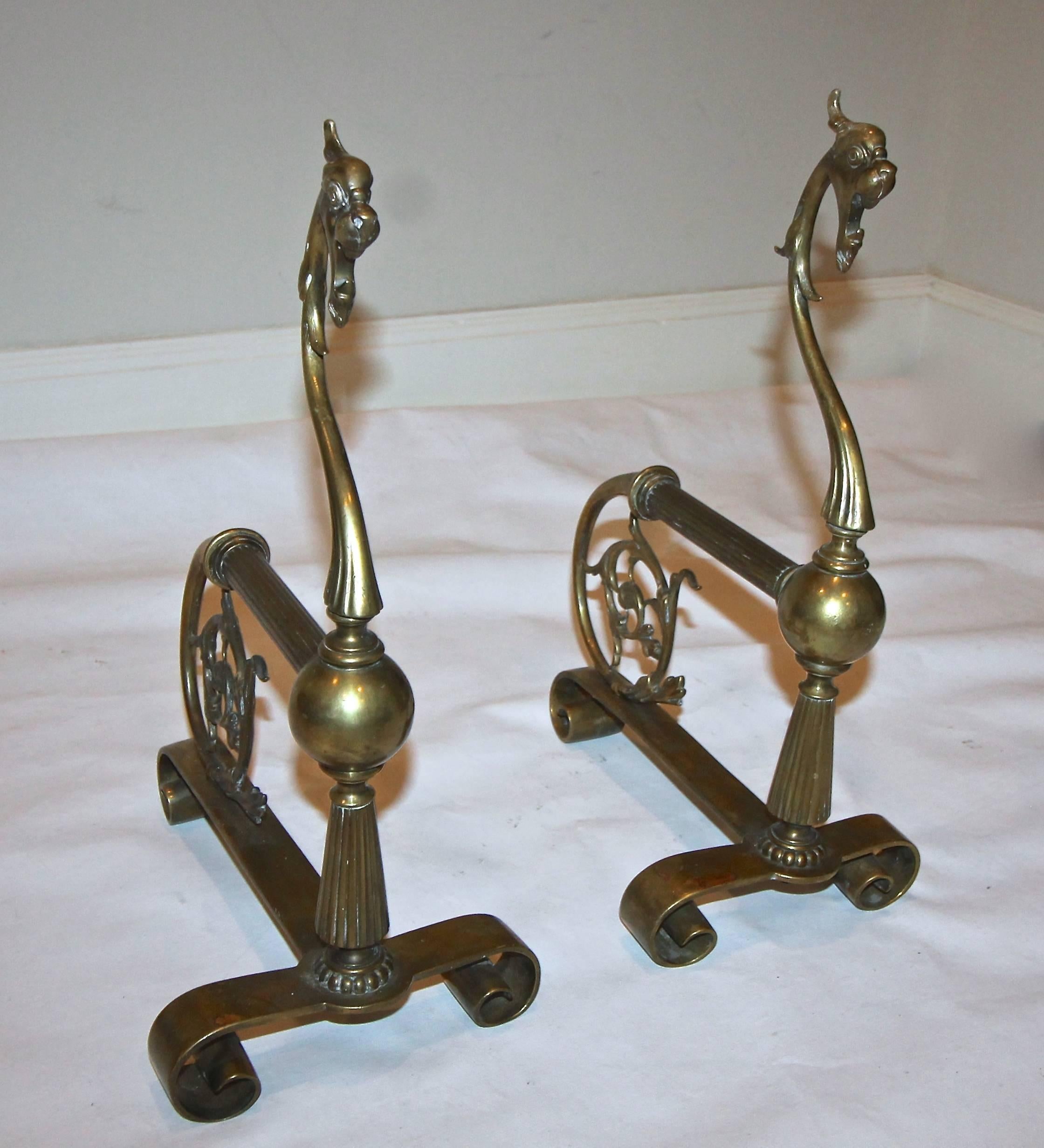 Pair of French Brass Gothic Style Andirons 3