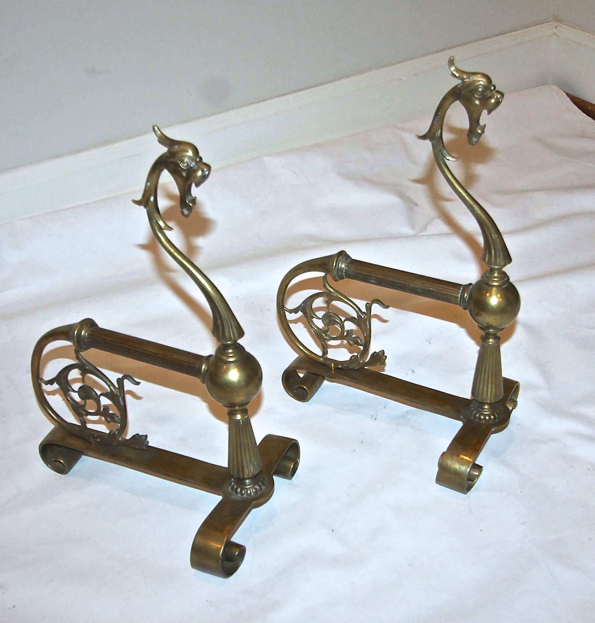 Pair of French Brass Gothic Style Andirons 1