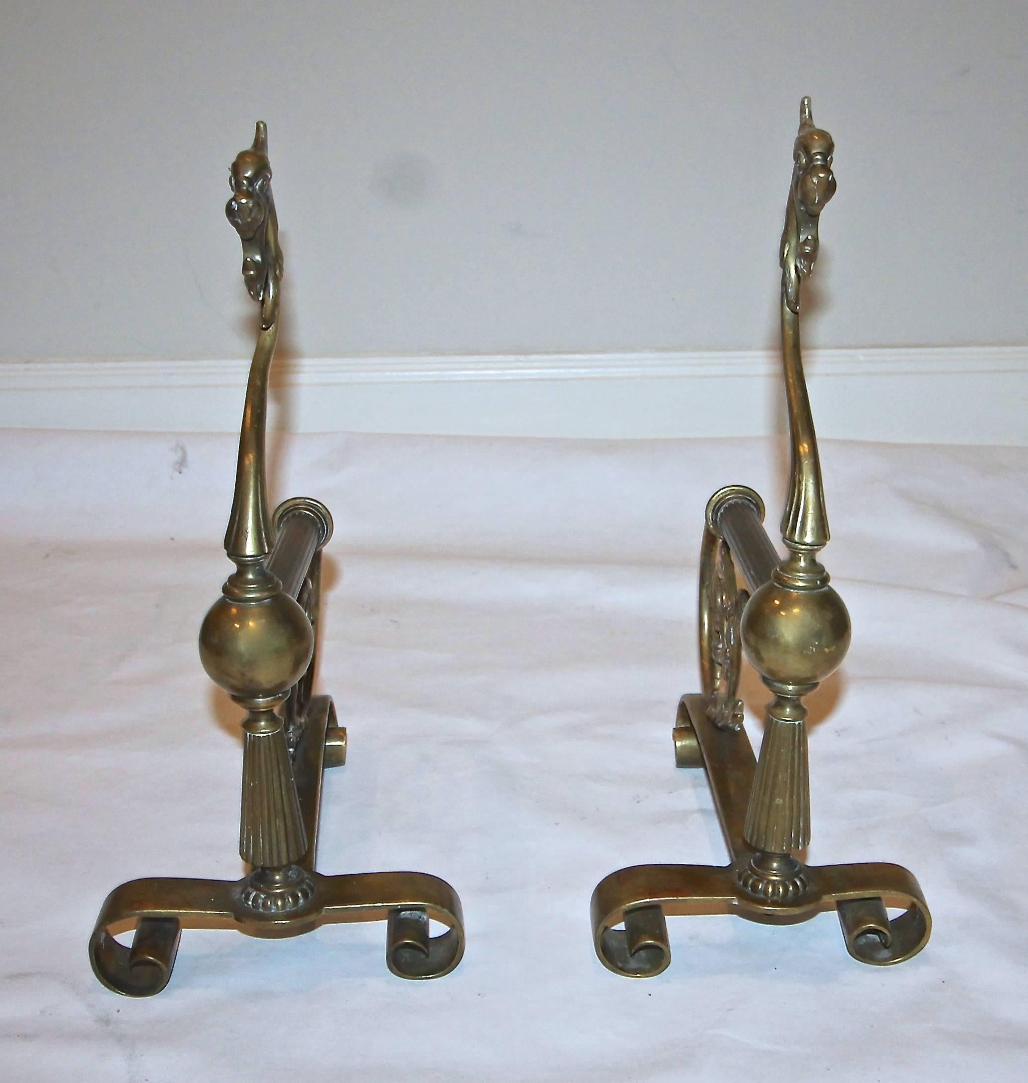 20th Century Pair of French Brass Gothic Style Andirons