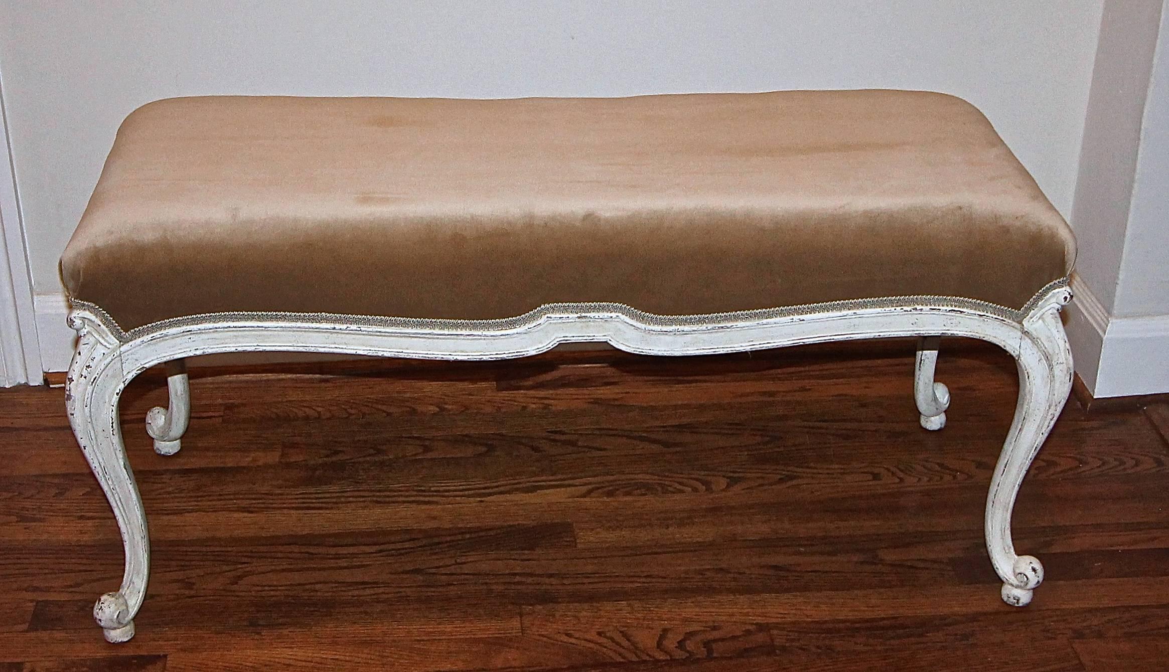 Upholstery Large White Painted Louis XV Style Bench