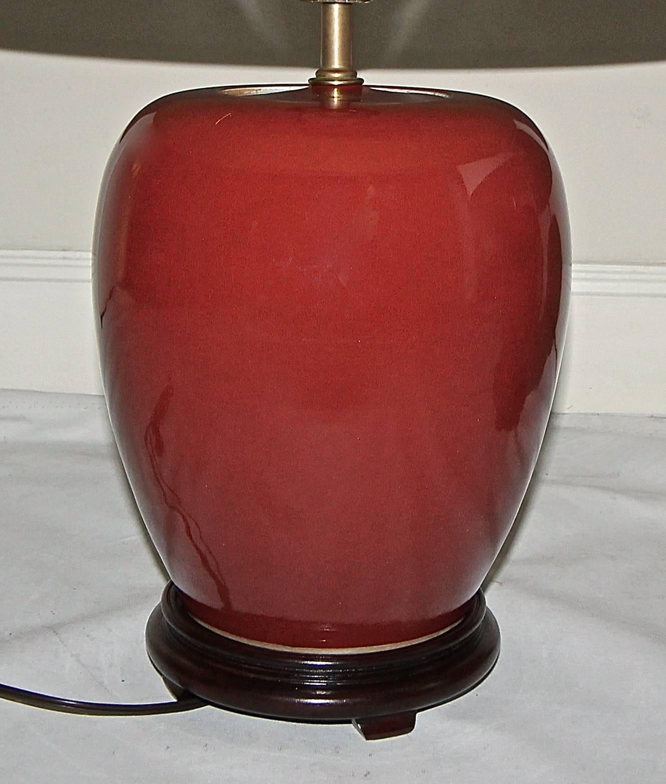 Brass Pair of Chinese Oxblood Porcelain Lamps