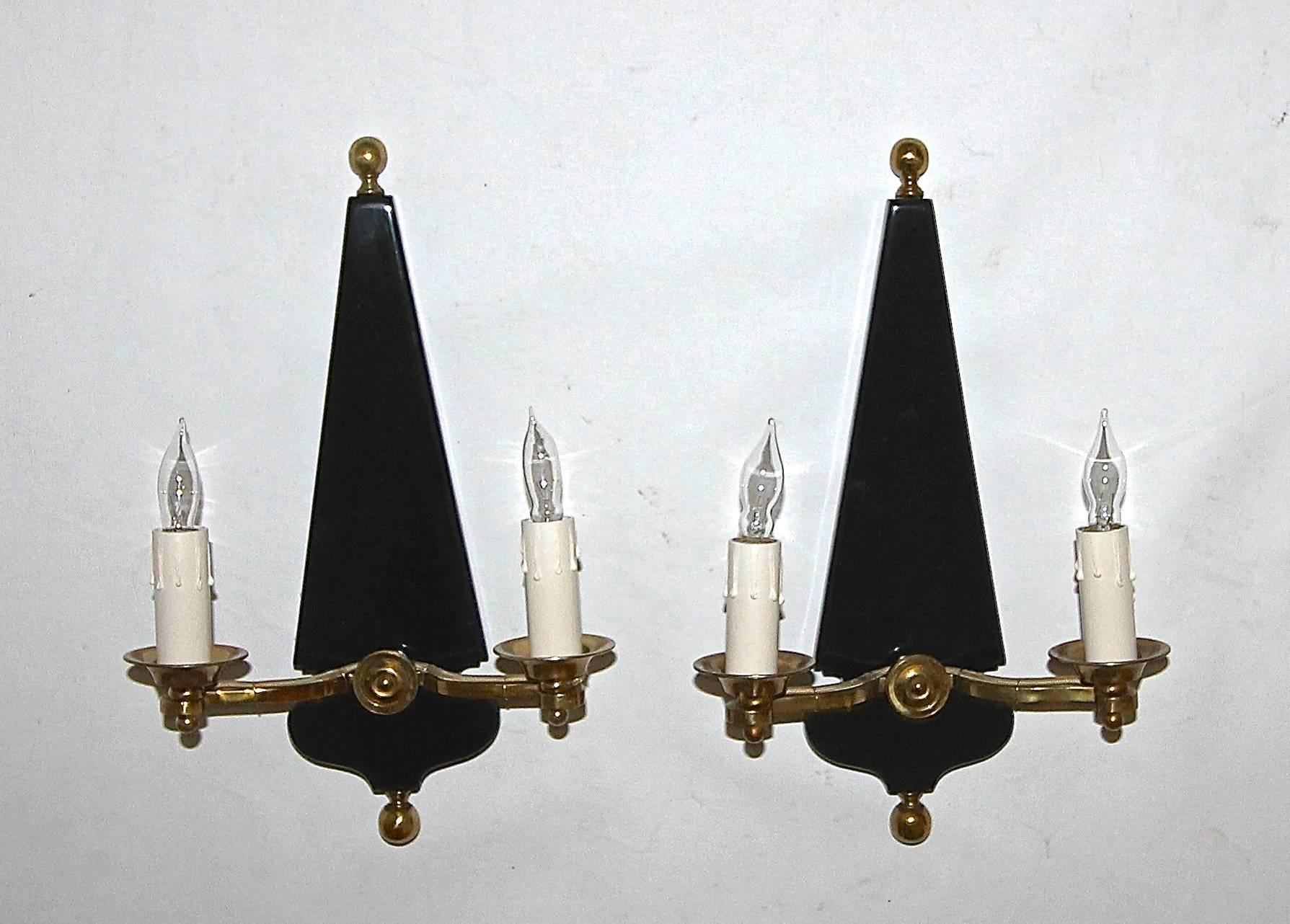 Pair French Moderne Jansen Brass Lacquered Wall Sconces In Good Condition For Sale In Dallas, TX