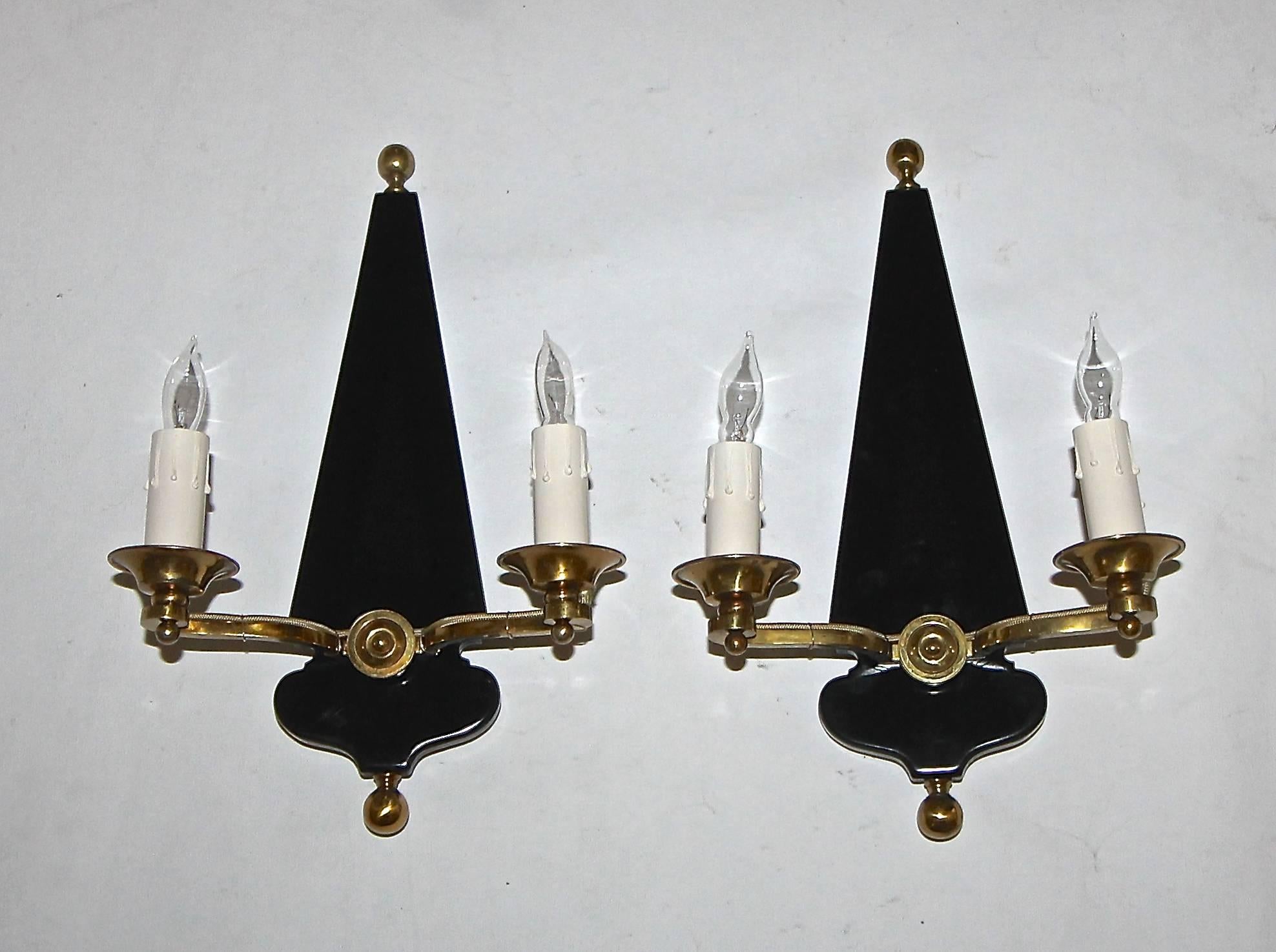 Pair French Moderne Jansen Brass Lacquered Wall Sconces For Sale 1
