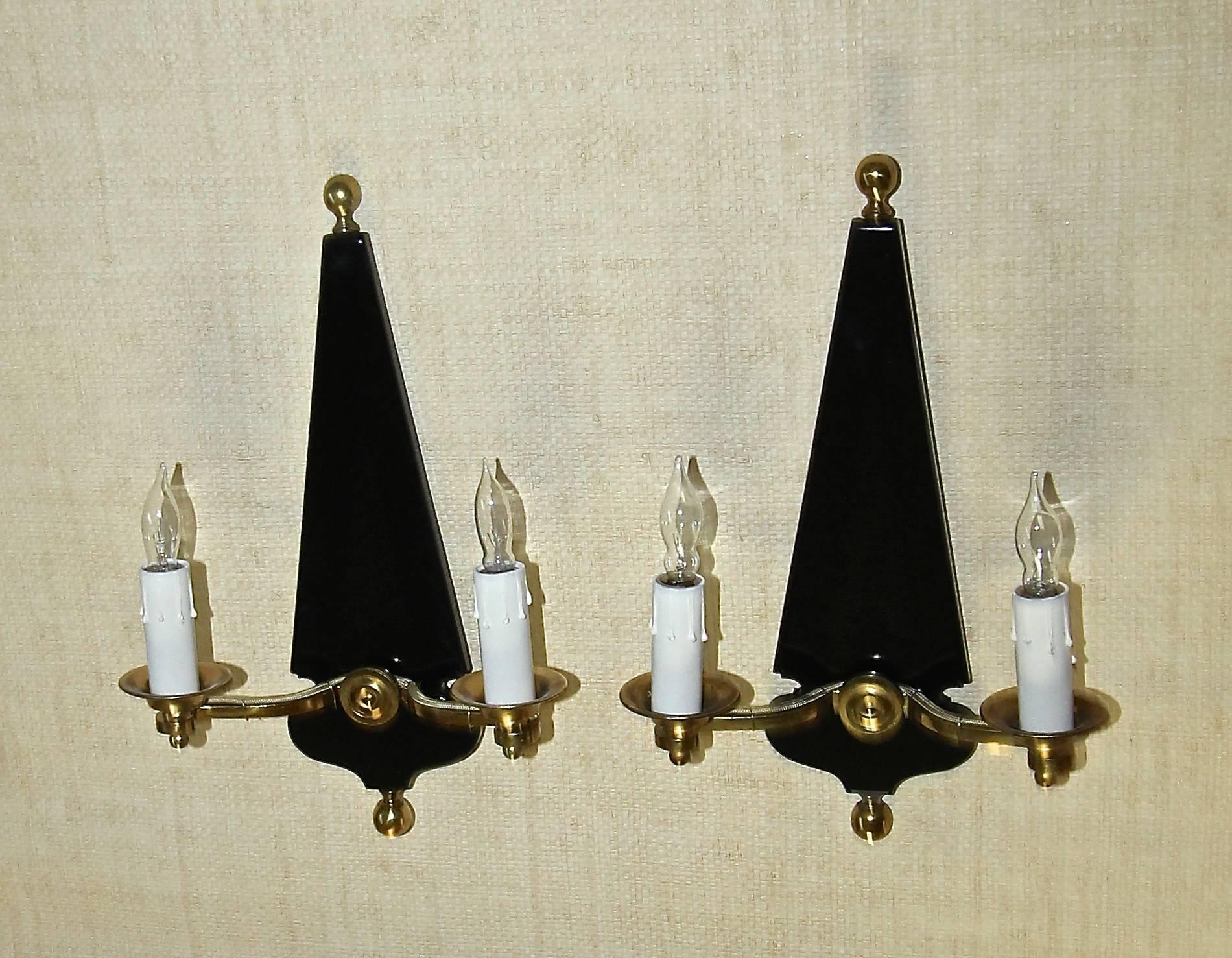 Pair French Moderne Jansen Brass Lacquered Wall Sconces For Sale 3