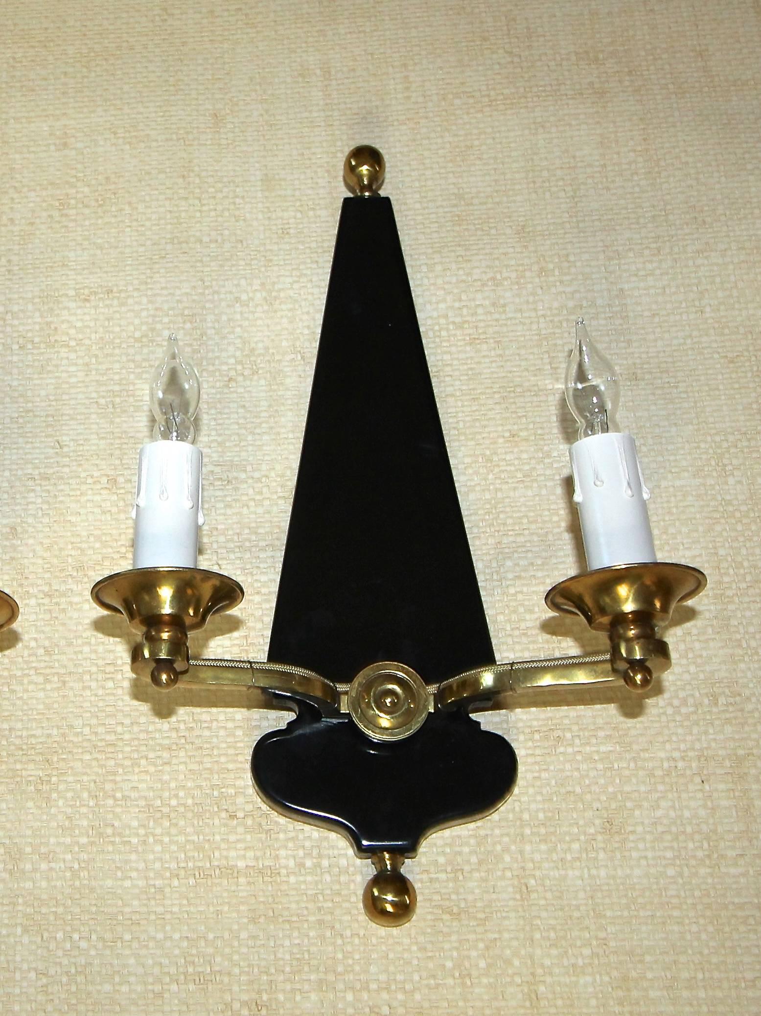 Mid-20th Century Pair French Moderne Jansen Brass Lacquered Wall Sconces For Sale