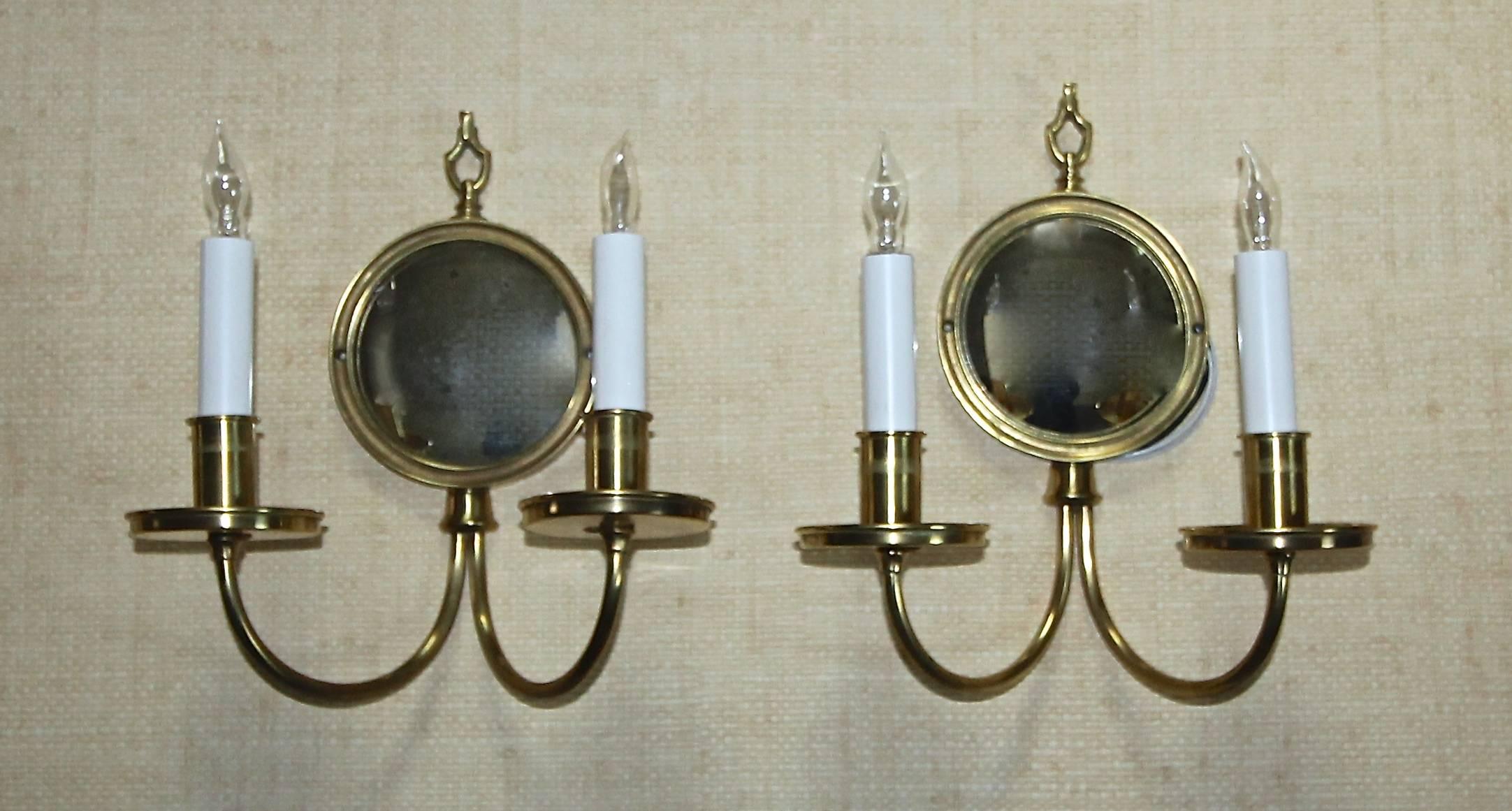 Pair Adam Style Brass Convex Mirror Wall Sconces 4