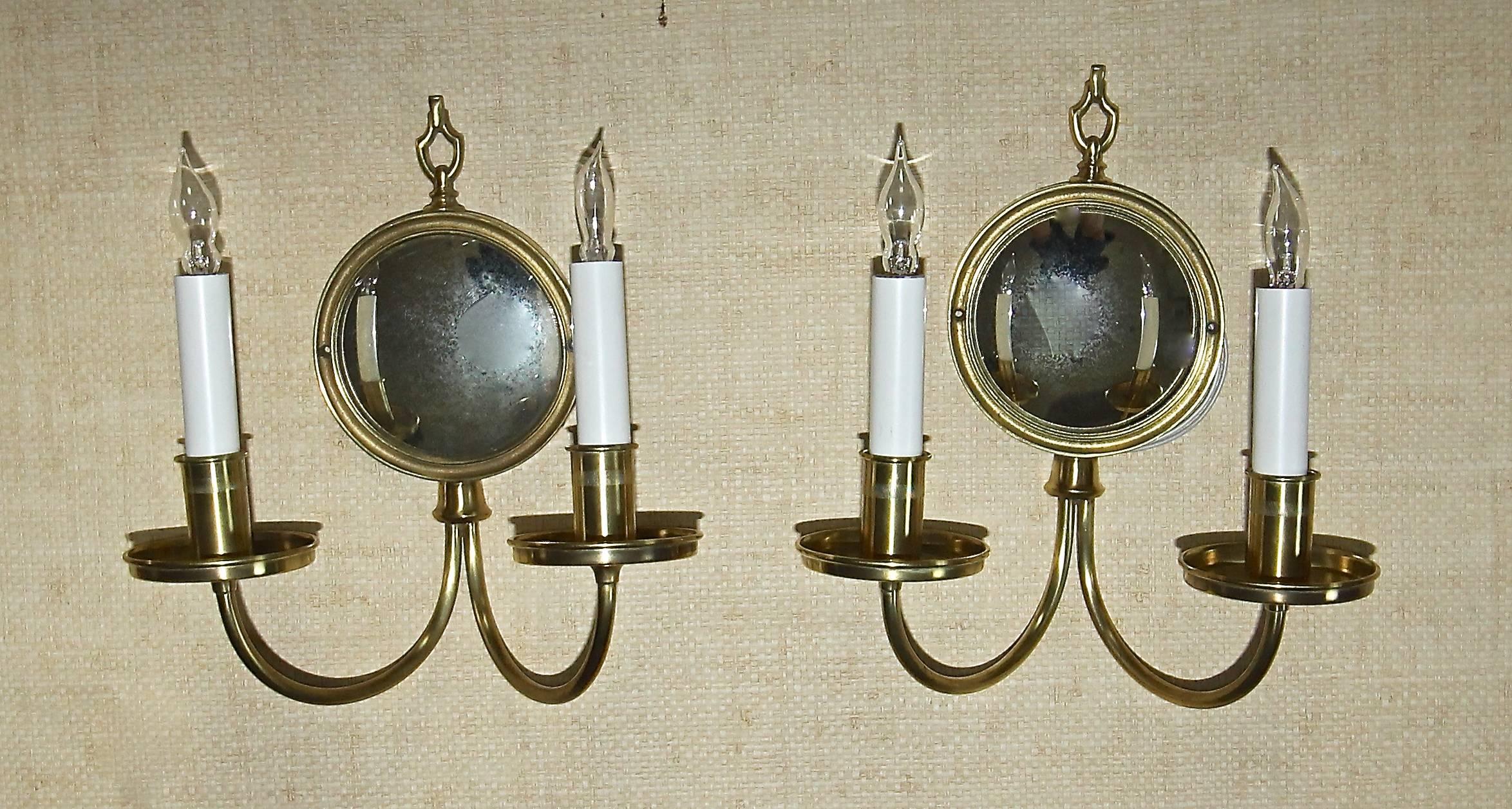 Early 20th Century Pair Adam Style Brass Convex Mirror Wall Sconces