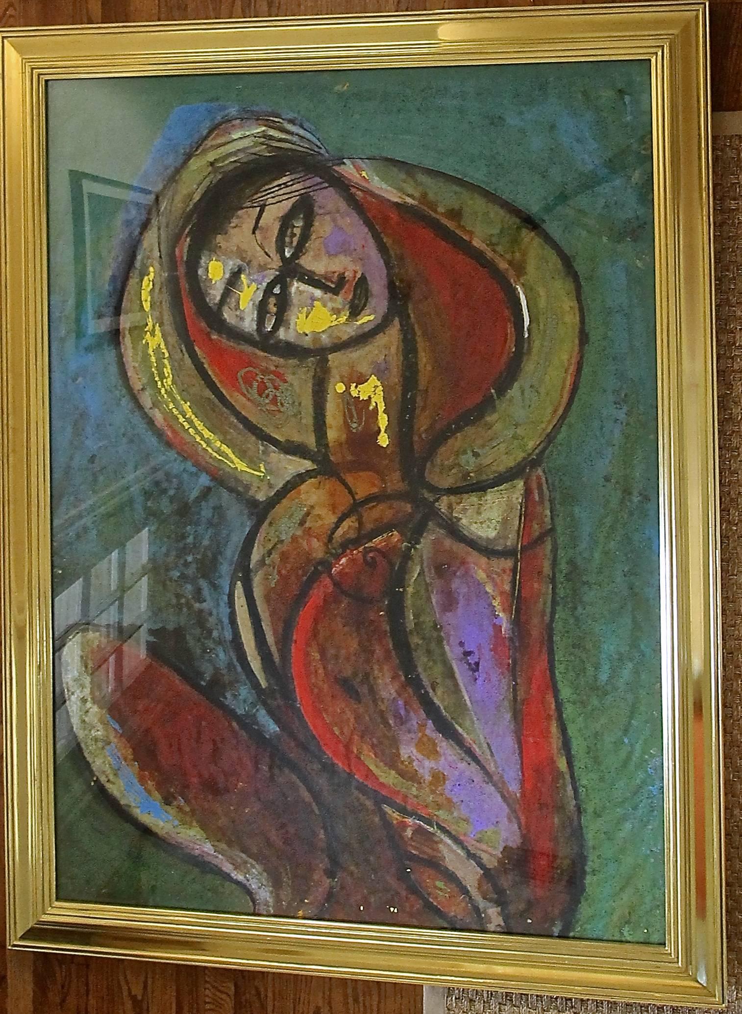 20th Century Large Jamali Female Abstract Oil Cork Painting