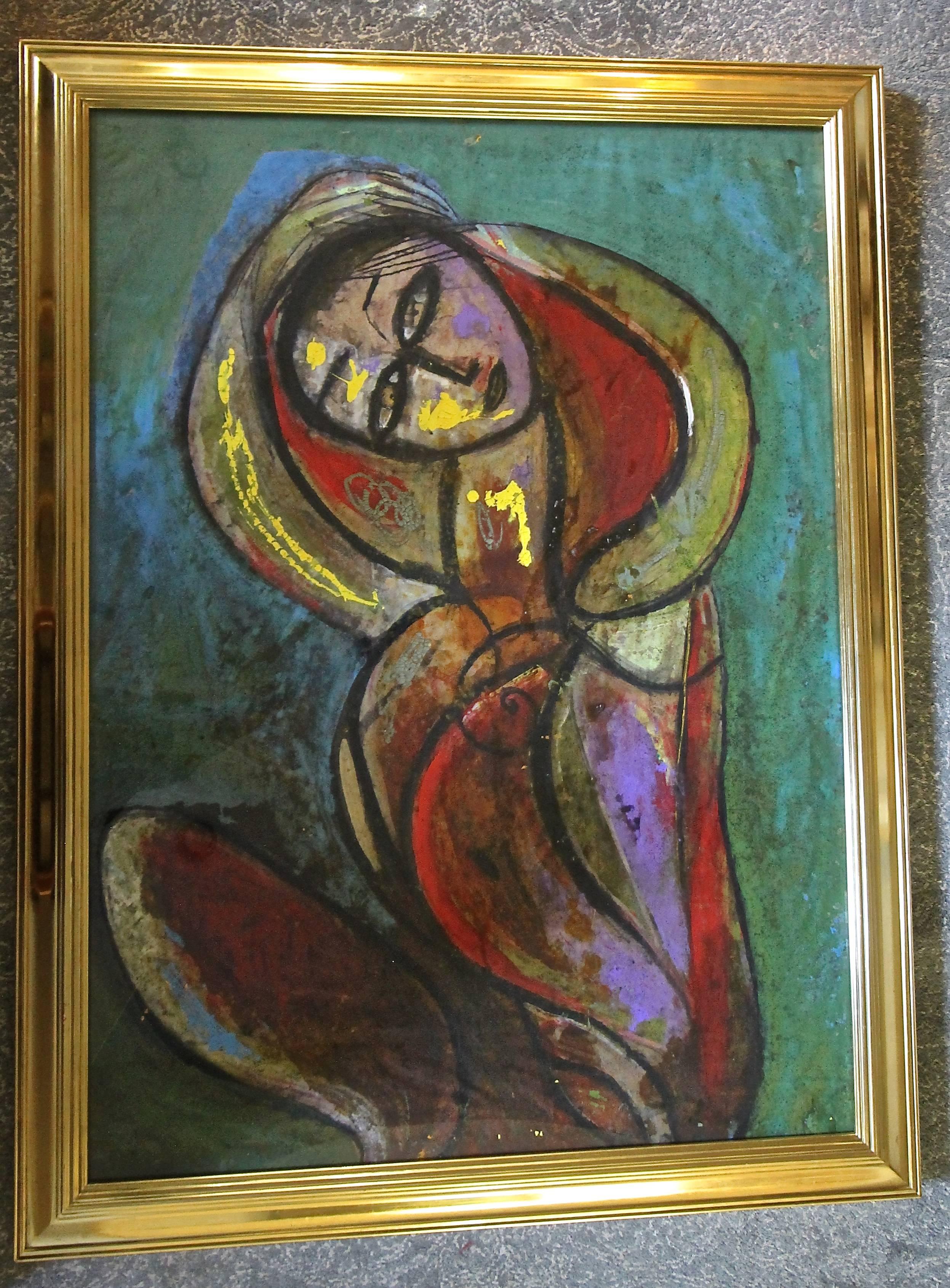 Large original pigment on cork abstract female painting by Jamali, recognized artist of Mystical Expressionism. Framed in 23-karat giltwood frame. Original artist label on back.