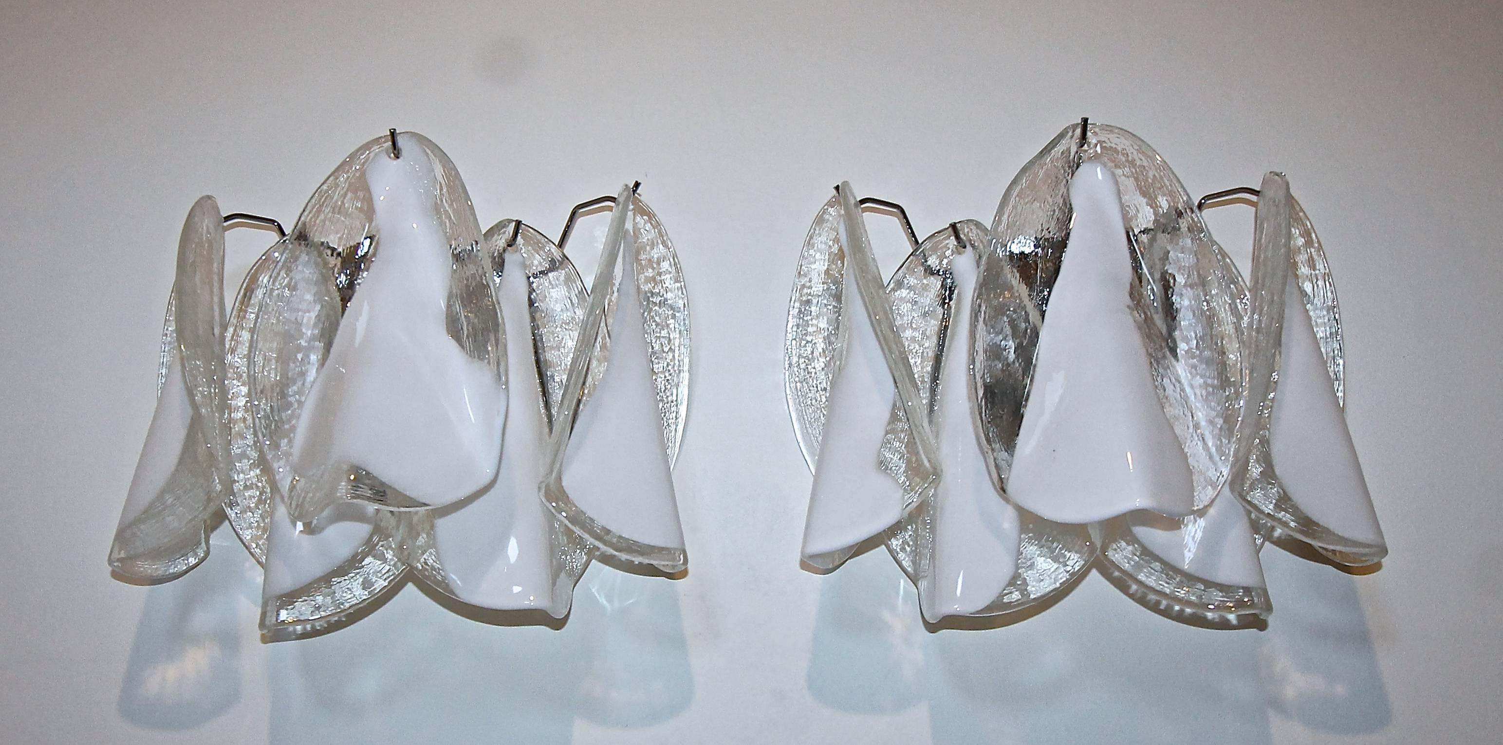 Pair of Murano Mazzega White Petal Shape Glass Sconces In Excellent Condition In Palm Springs, CA