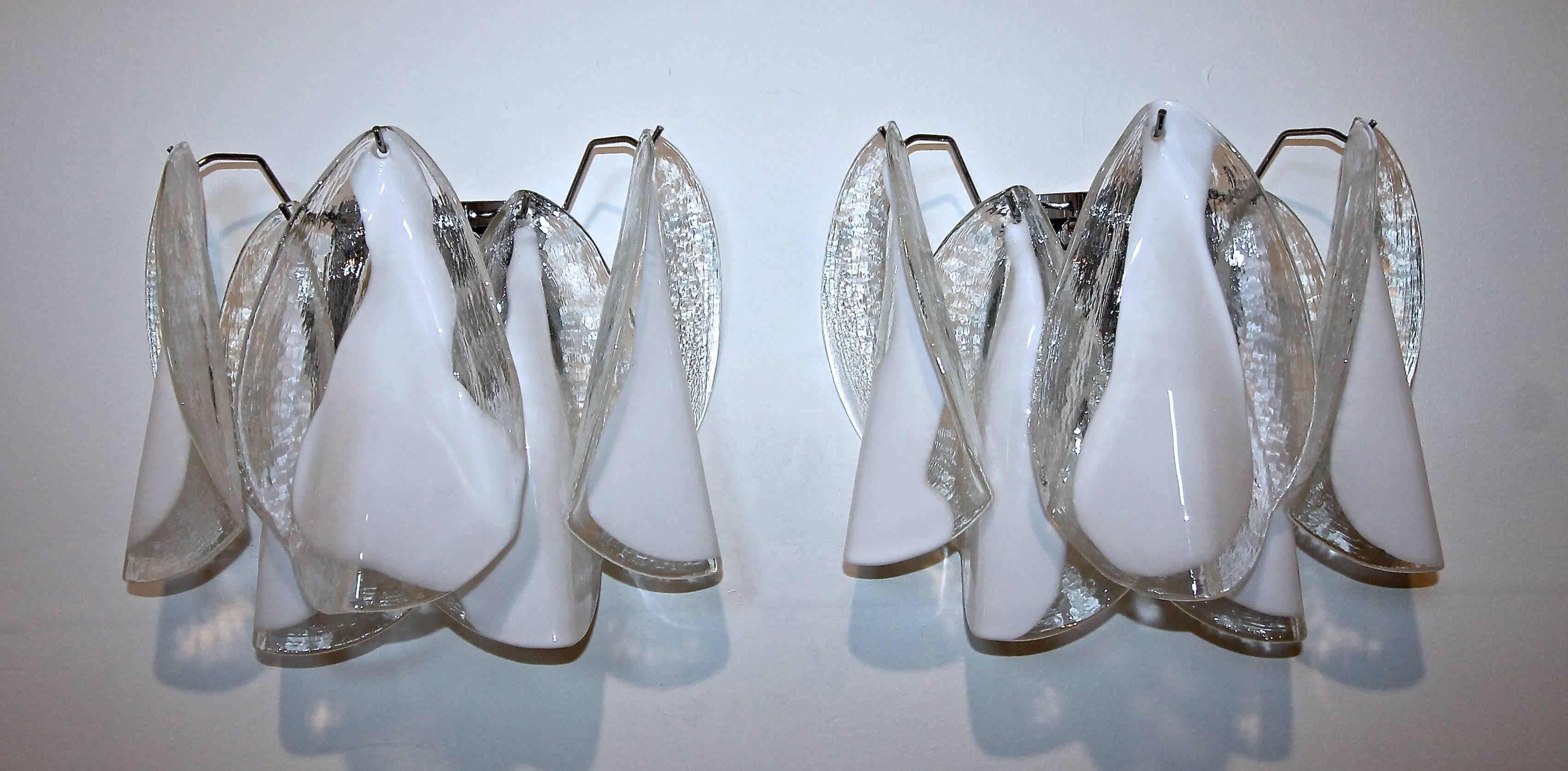 Pair of Murano Mazzega White Petal Shape Glass Sconces 1