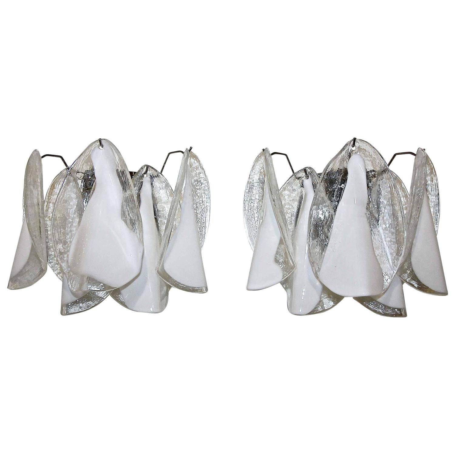 Pair of Murano Mazzega White Petal Shape Glass Sconces 3