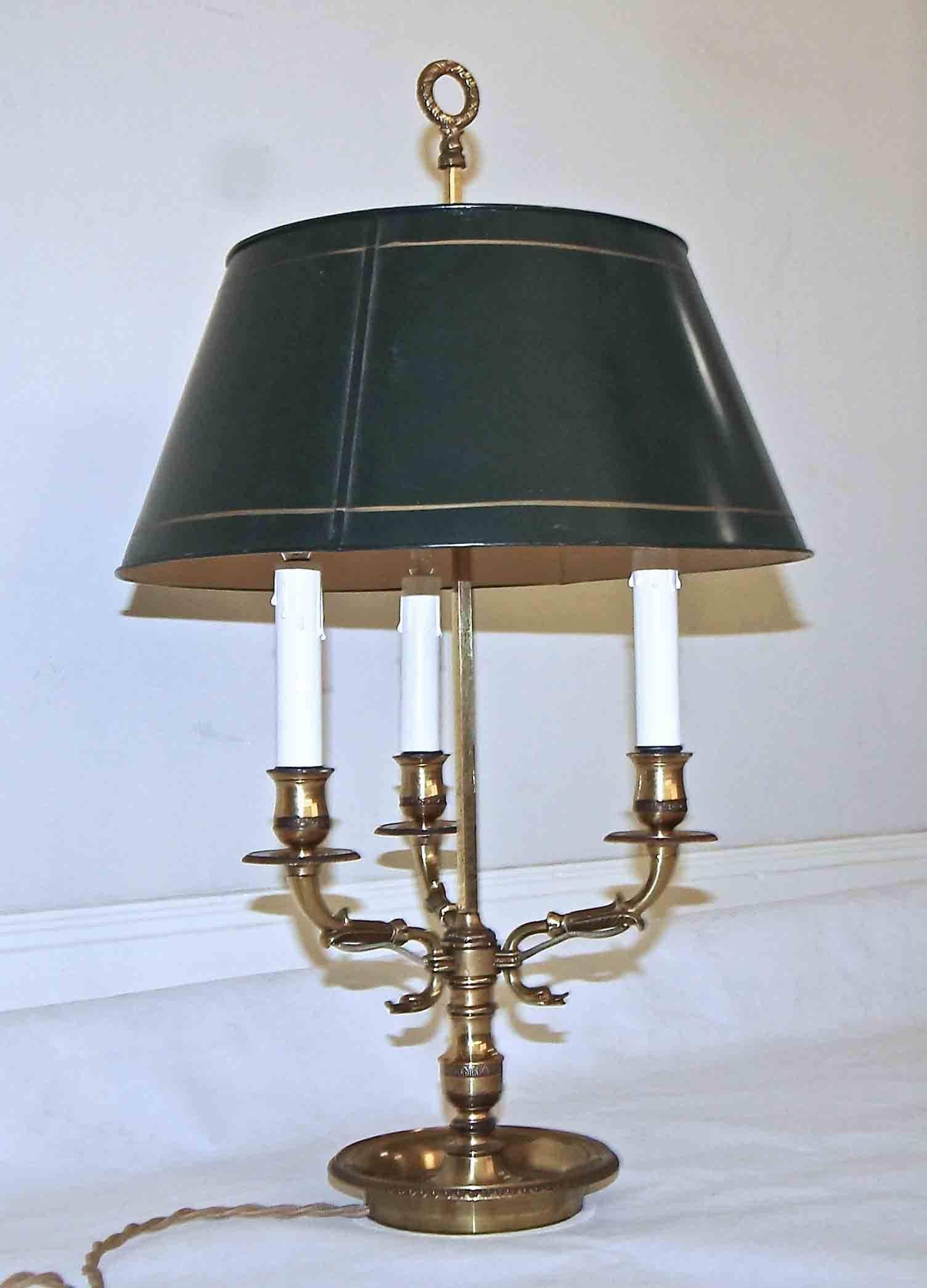 French three light Empire style bouillotte brass lamp with adjustable green tole shade. Nice detailing including swan motif arms. Newly wired with French style rayon covered cord and on/off cord switch.