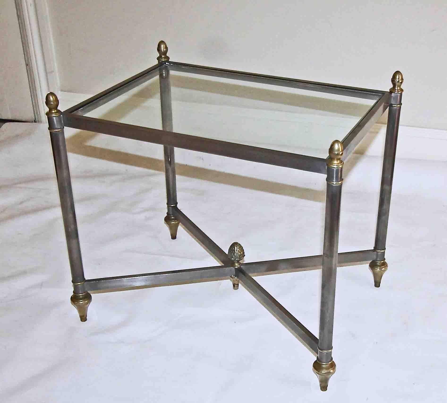 Smaller scale Italian brass and steel square shaped end/side table with newer clear glass insert. Measures: Table height 16