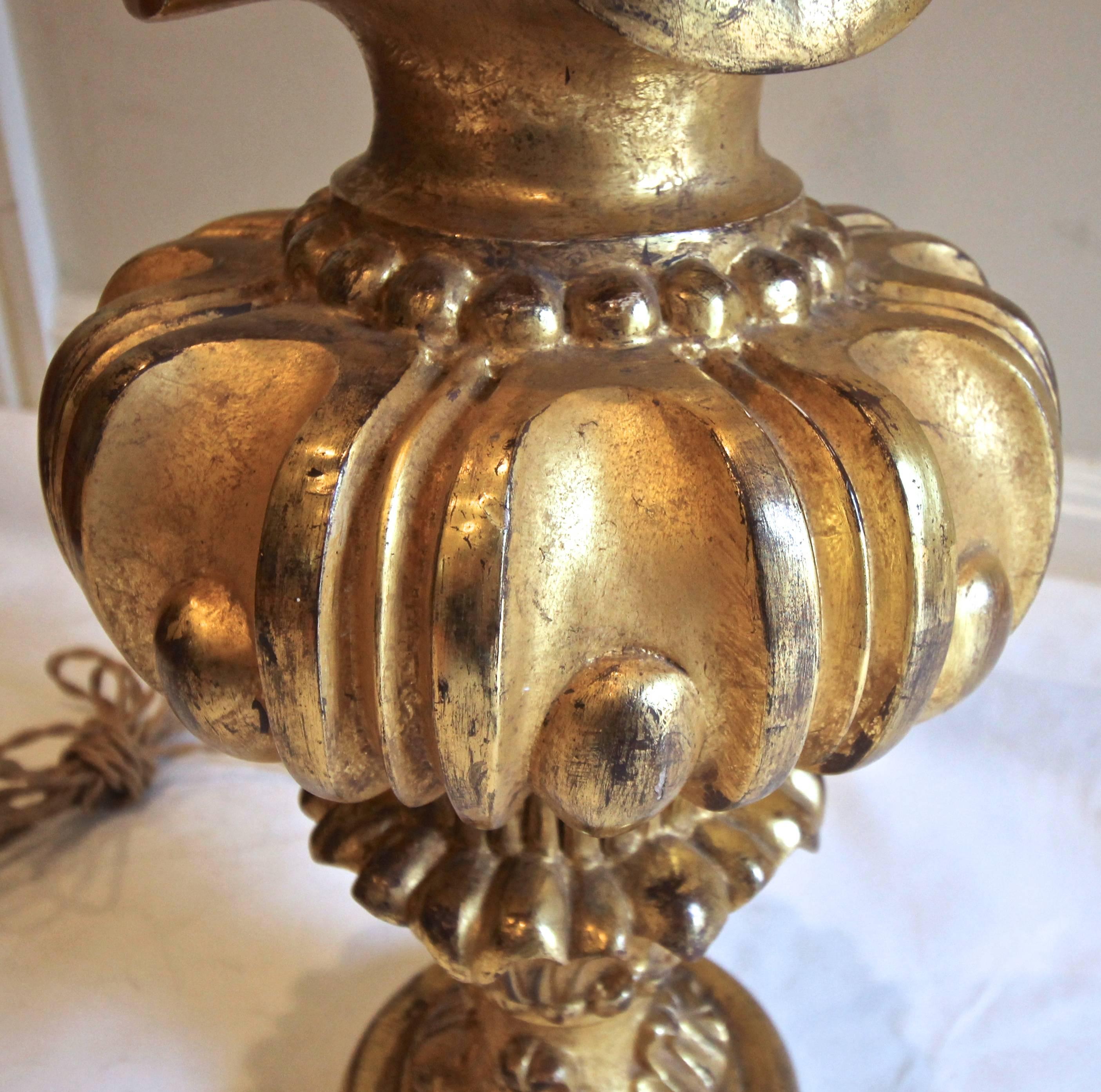 Brass French Carved Wood Water Gilt Lamp For Sale