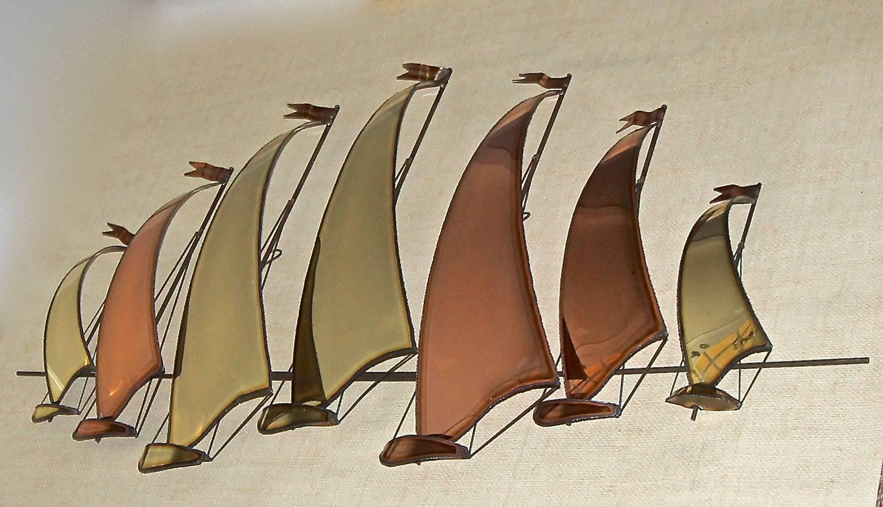 Large C. Jere Style Sail Boat Brass and Copper Wall Sculpture In Good Condition In Palm Springs, CA