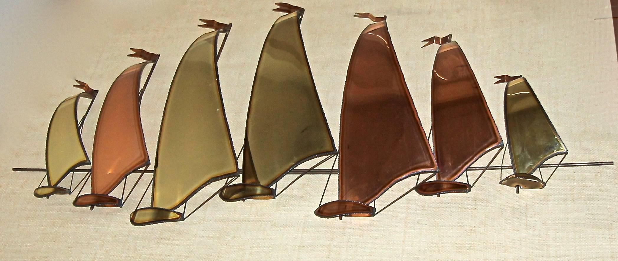 Mid-20th Century Large C. Jere Style Sail Boat Brass and Copper Wall Sculpture