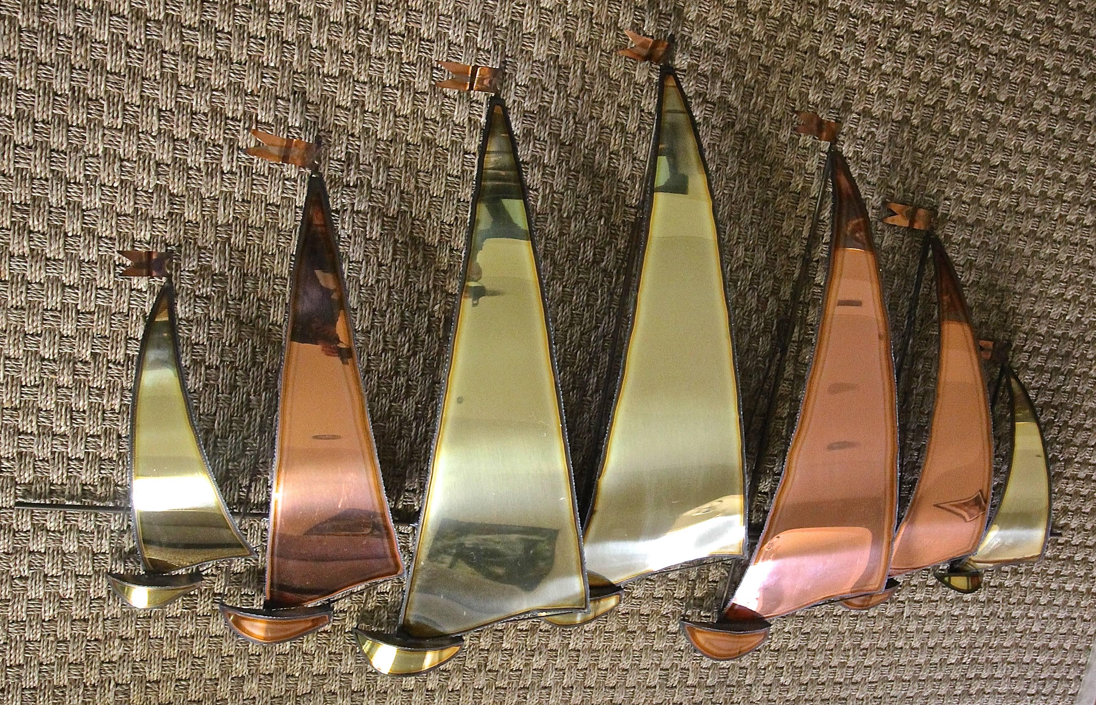 Metal Large C. Jere Style Sail Boat Brass and Copper Wall Sculpture
