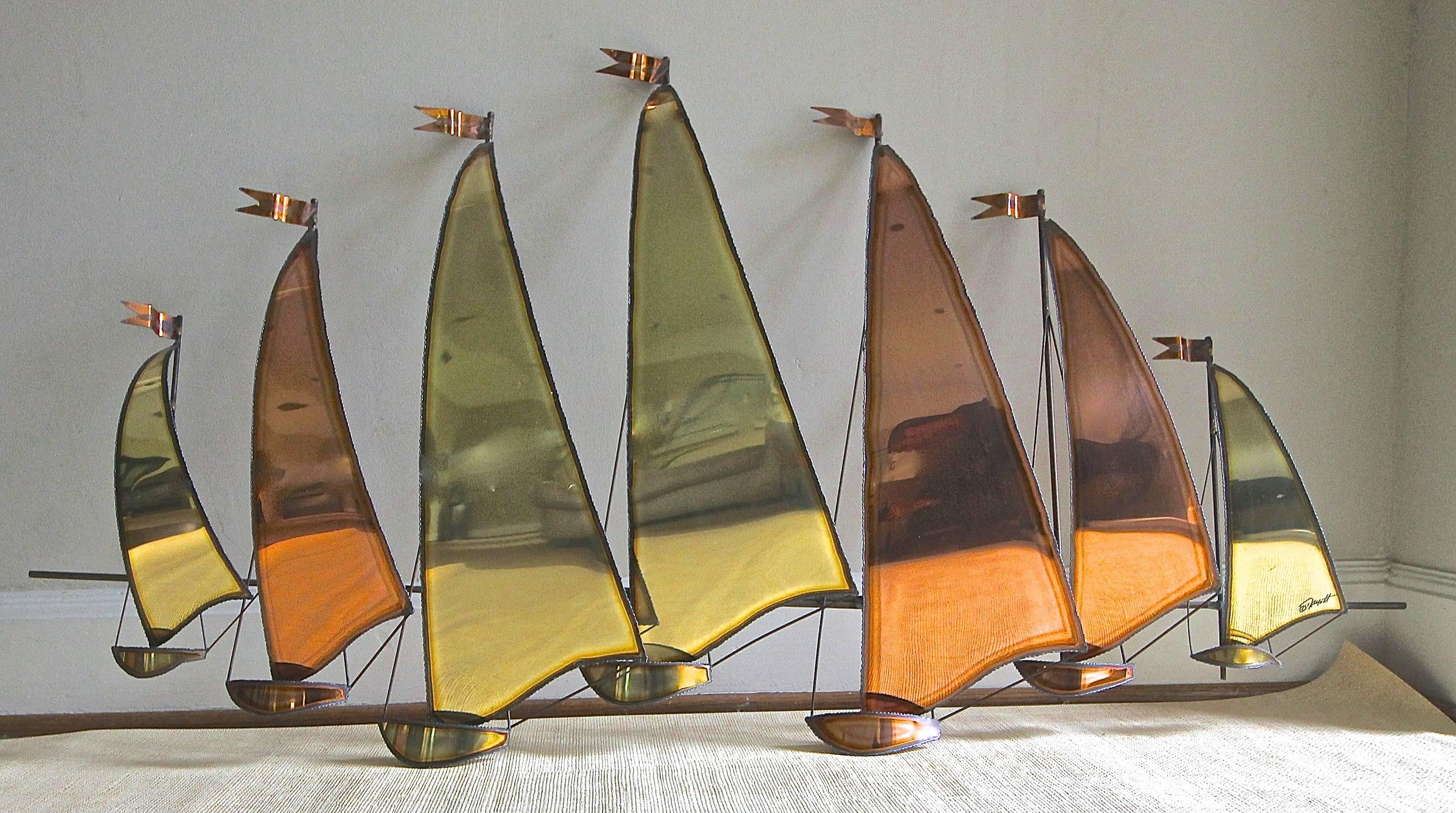 Large copper and brass handcrafted wall sculpture with a sail boat design. Signed. See close up for signature.