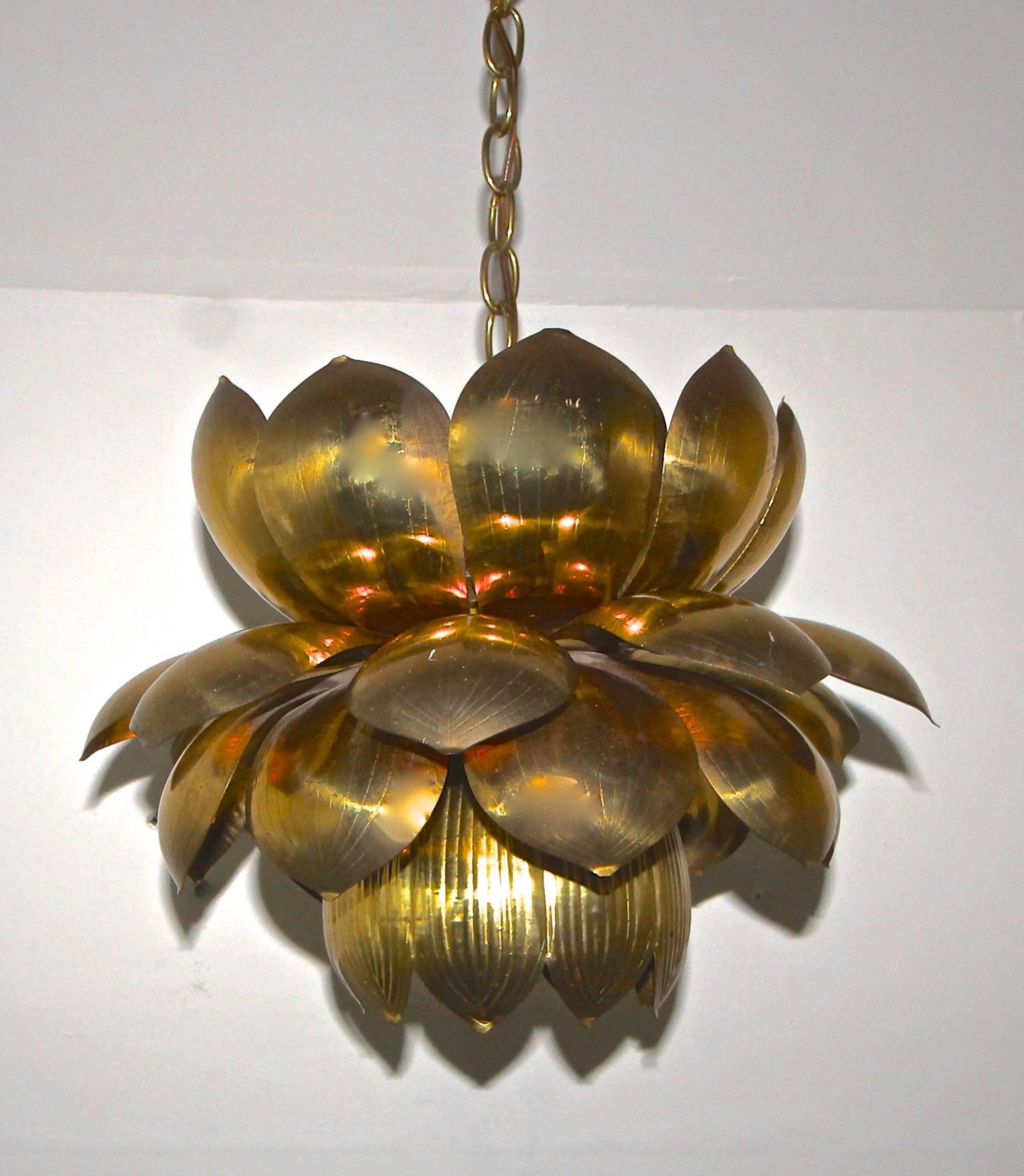 American Large Rare Feldman Brass Lotus Chandelier or Pendant