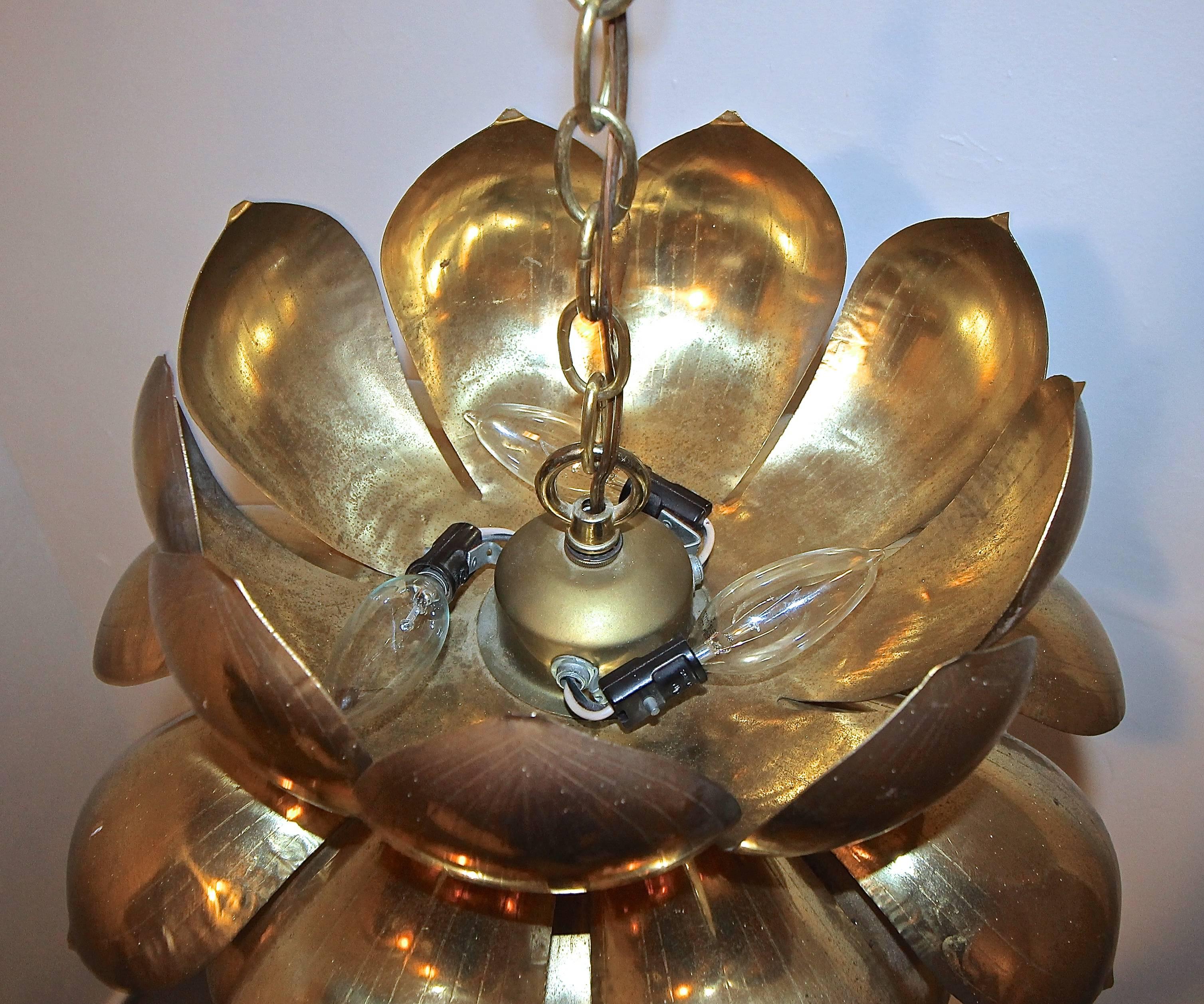 Large Rare Feldman Brass Lotus Chandelier or Pendant In Good Condition In Dallas, TX