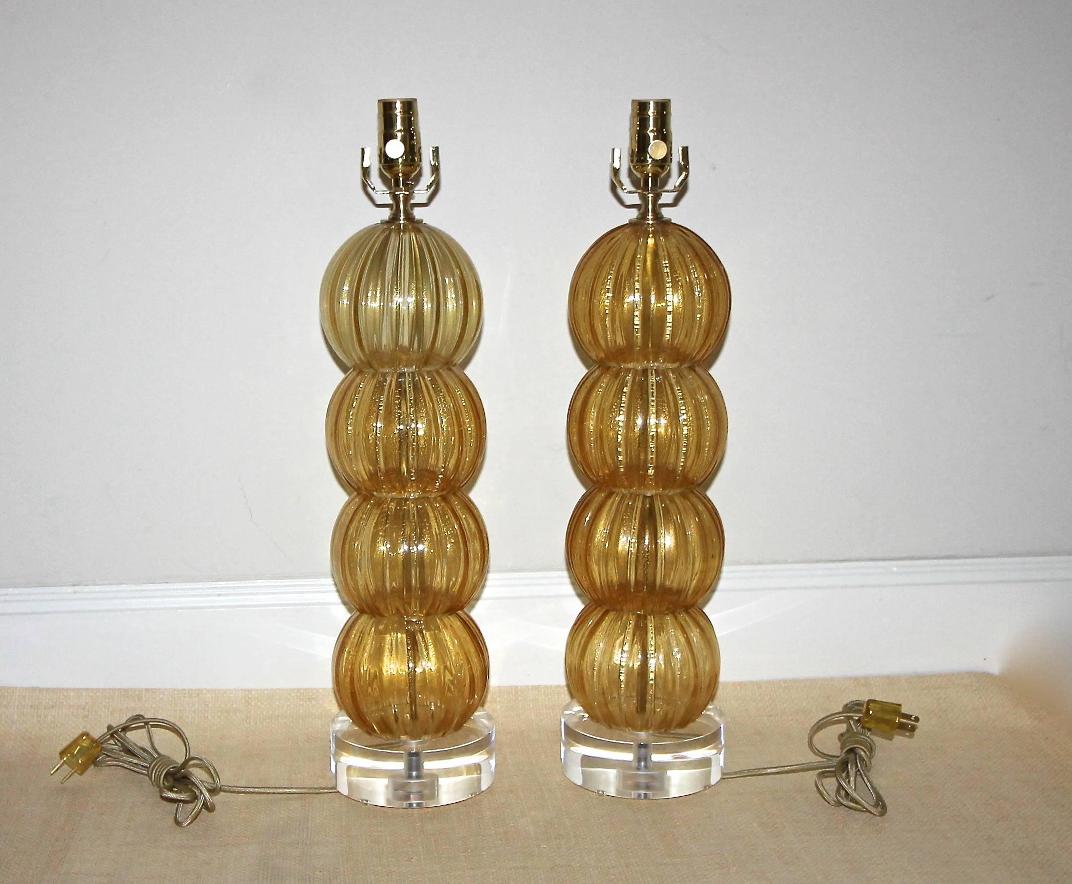 Pair of Murano Italian Amber Gold Stacked Ball Lamps 5