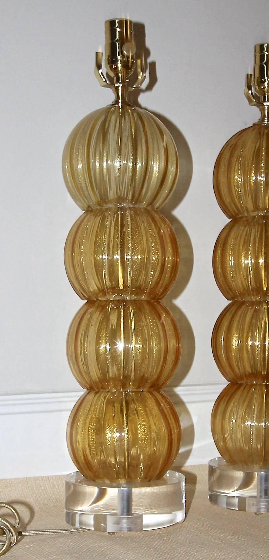 Brass Pair of Murano Italian Amber Gold Stacked Ball Lamps
