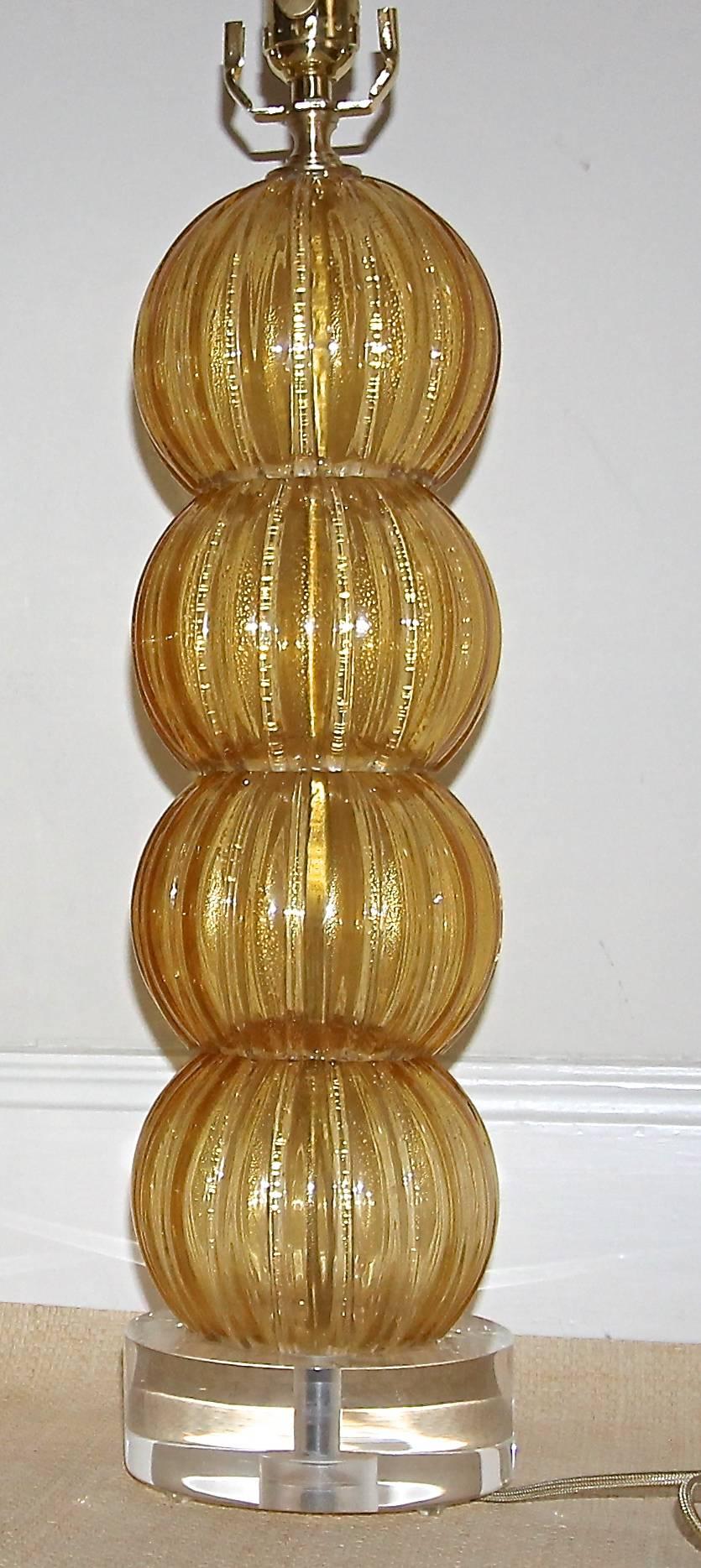 20th Century Pair of Murano Italian Amber Gold Stacked Ball Lamps