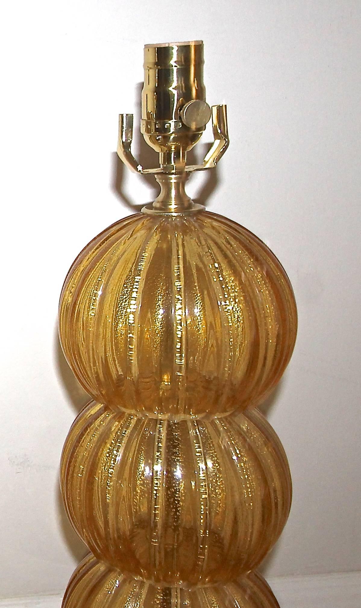 Pair of Murano Italian Amber Gold Stacked Ball Lamps 2