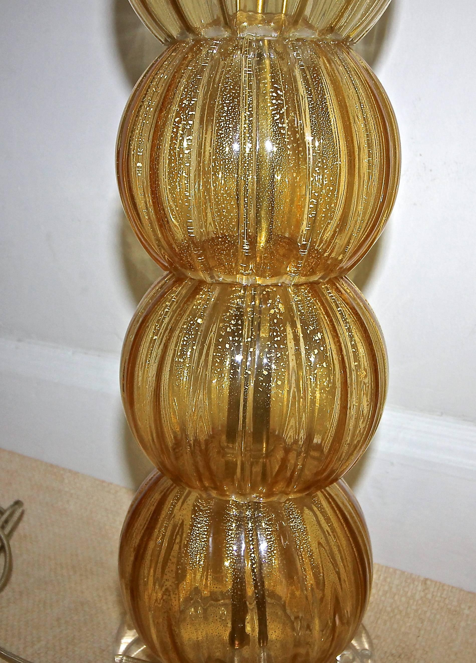 Pair of Murano Italian Amber Gold Stacked Ball Lamps 1