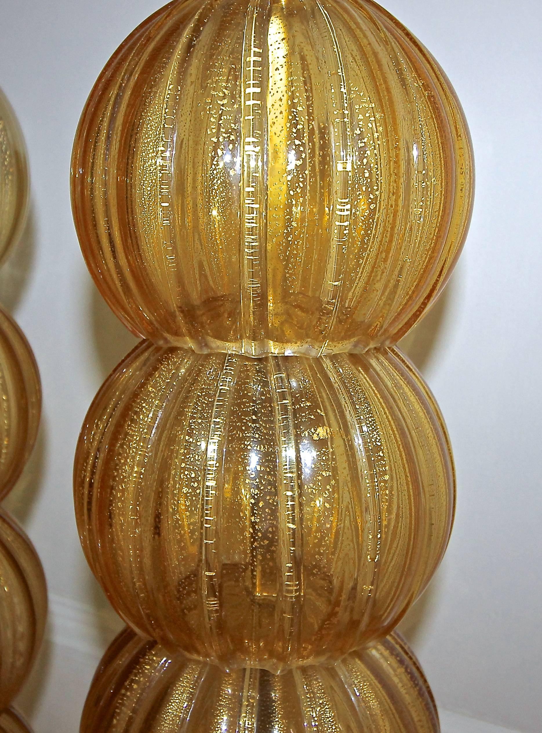 Pair of Murano Italian Amber Gold Stacked Ball Lamps 4
