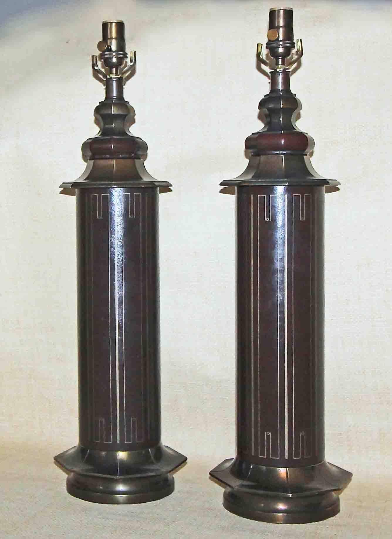 Pair Parzinger Style Tooled Leather Table Lamps For Sale 3
