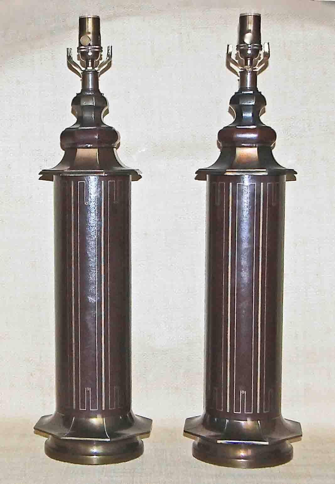 Plated Pair Parzinger Style Tooled Leather Table Lamps For Sale