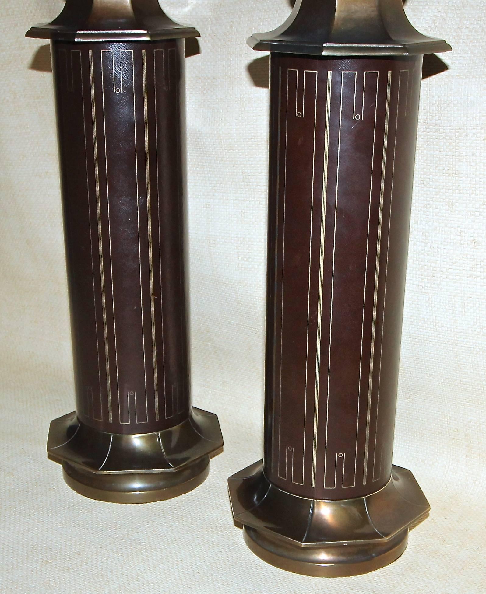 Pair Parzinger Style Tooled Leather Table Lamps For Sale 1