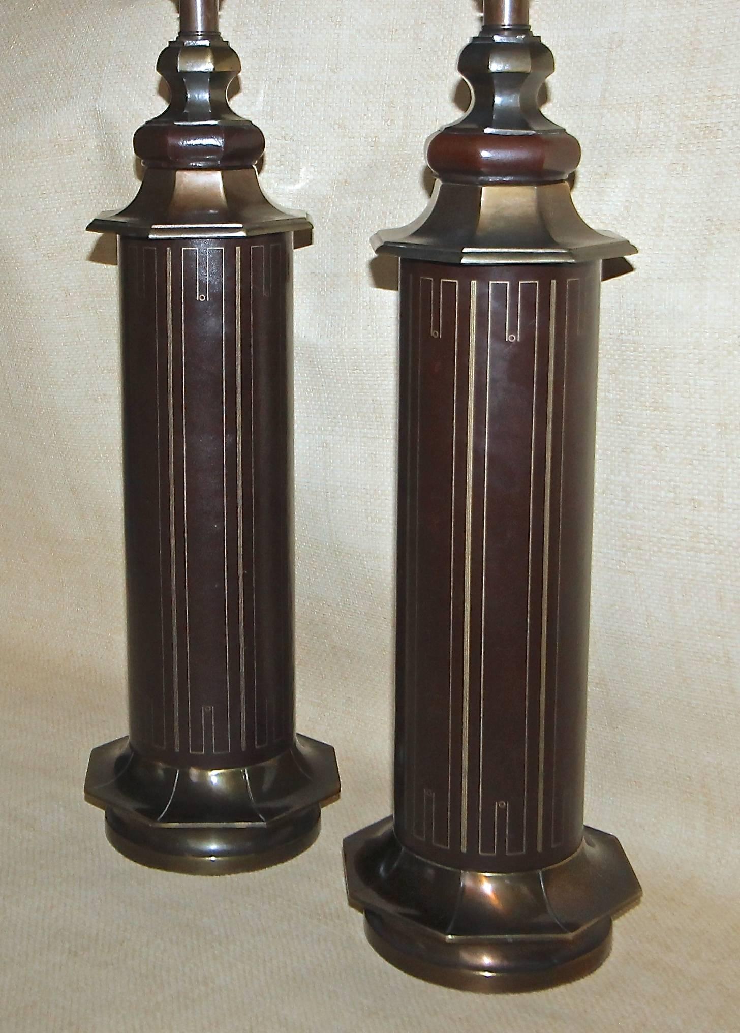 American Pair Parzinger Style Tooled Leather Table Lamps For Sale