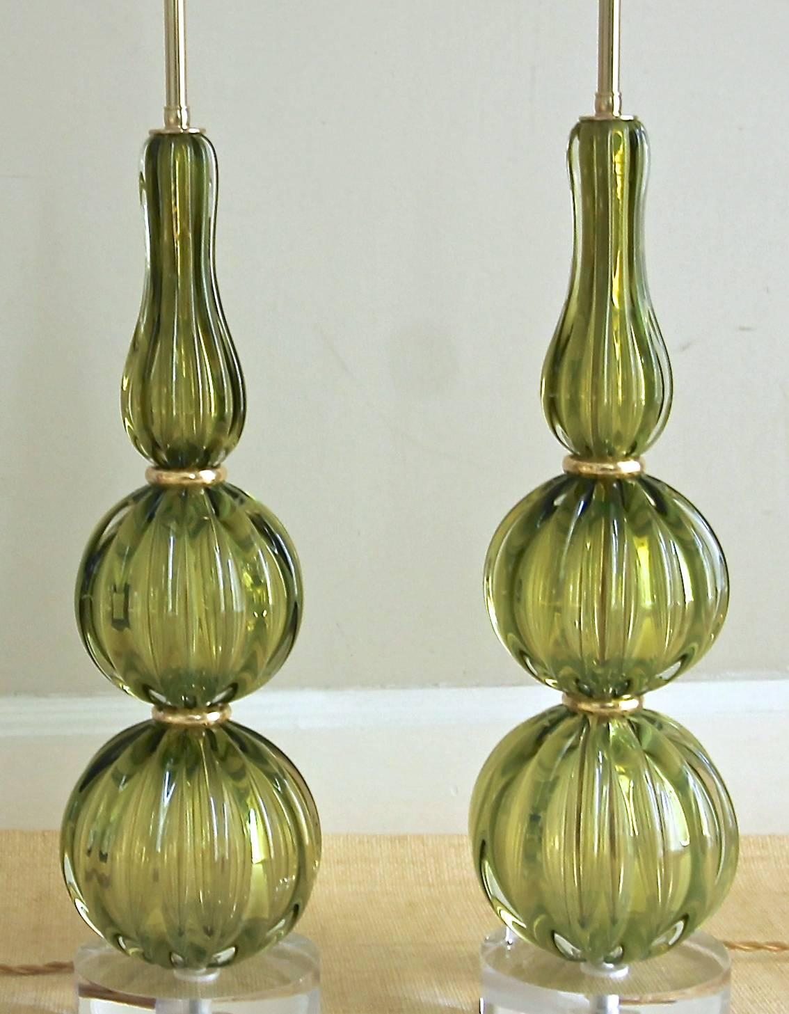 Pair of Absinthe Colored Ribbed Murano Seguso Glass Lamps 2