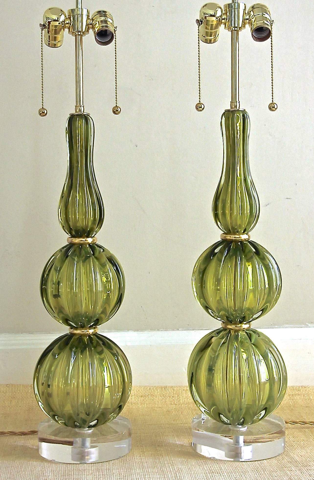 Brass Pair of Absinthe Colored Ribbed Murano Seguso Glass Lamps