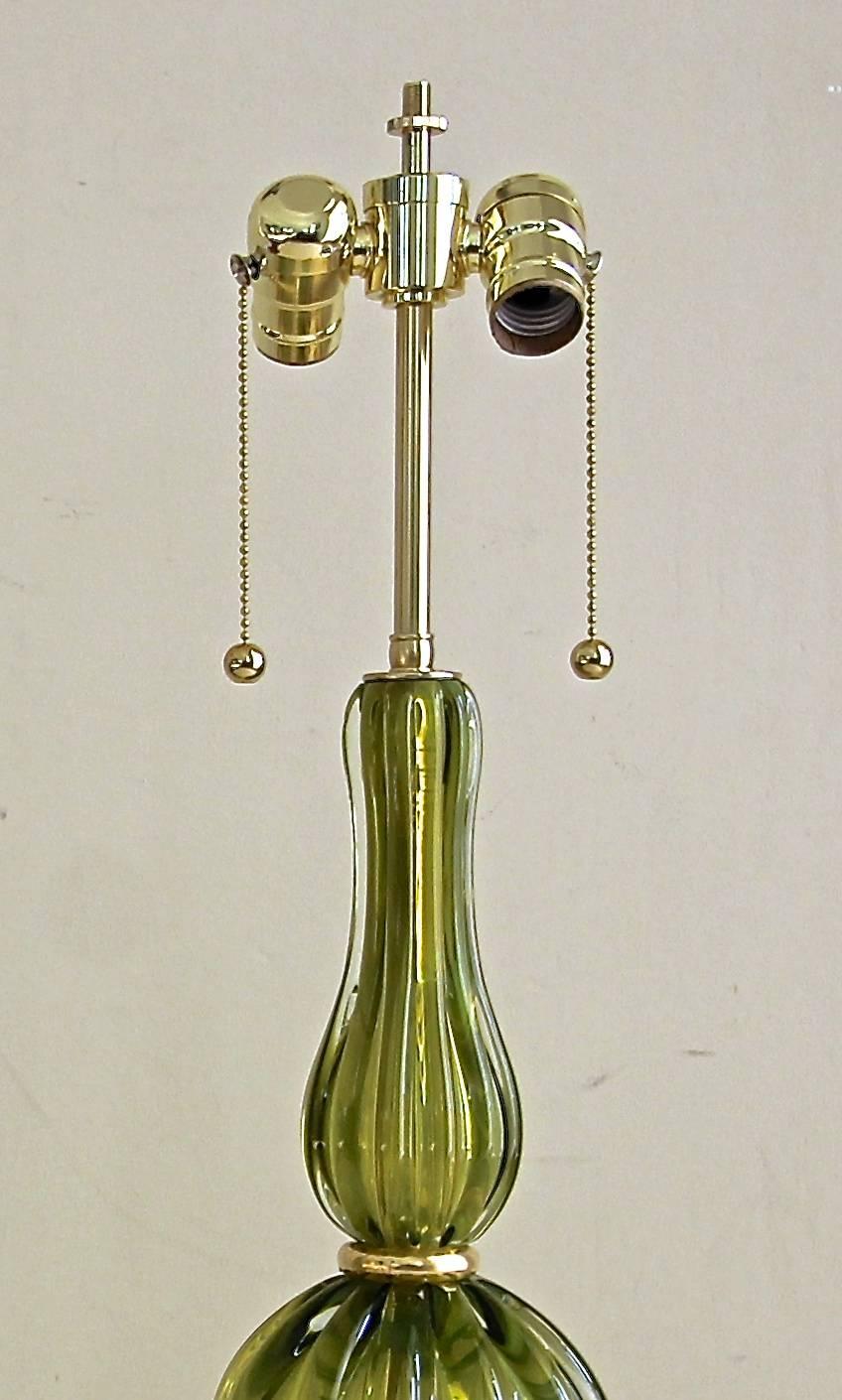 Pair of Absinthe Colored Ribbed Murano Seguso Glass Lamps 3