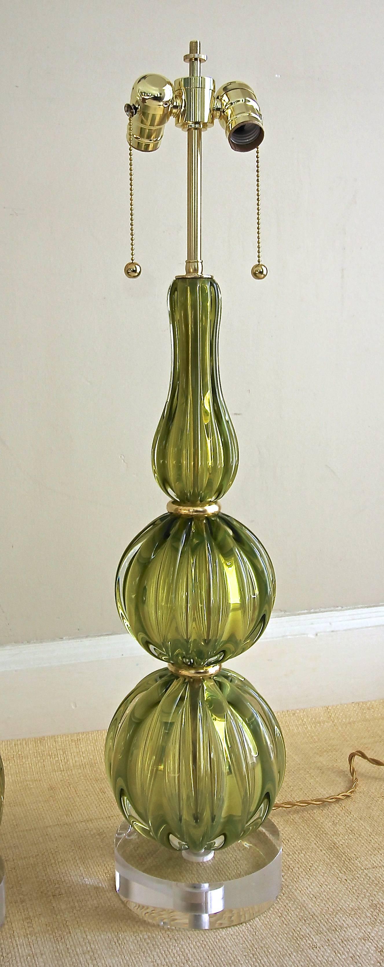 Italian Pair of Absinthe Colored Ribbed Murano Seguso Glass Lamps