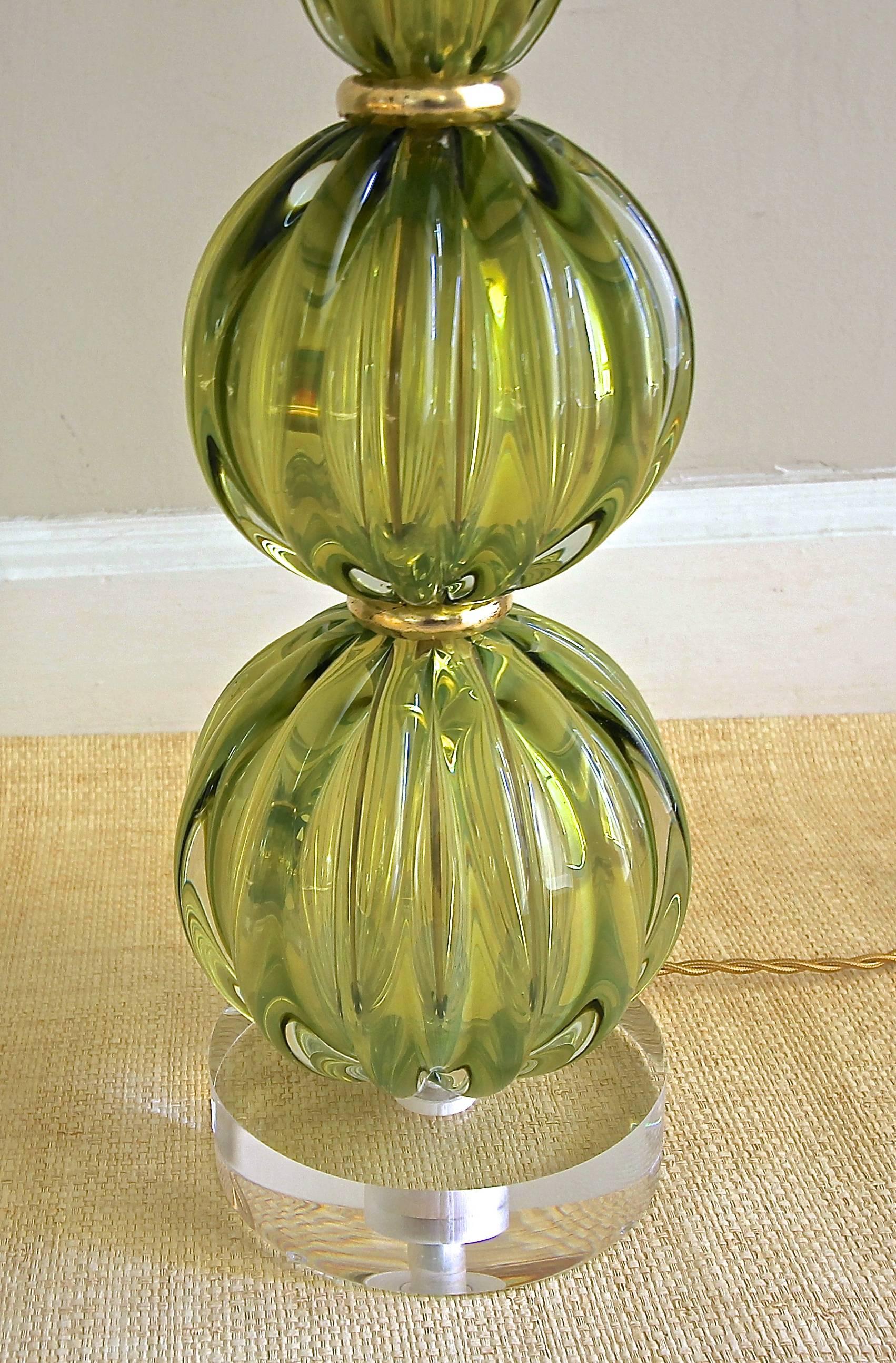 Pair of Absinthe Colored Ribbed Murano Seguso Glass Lamps 1