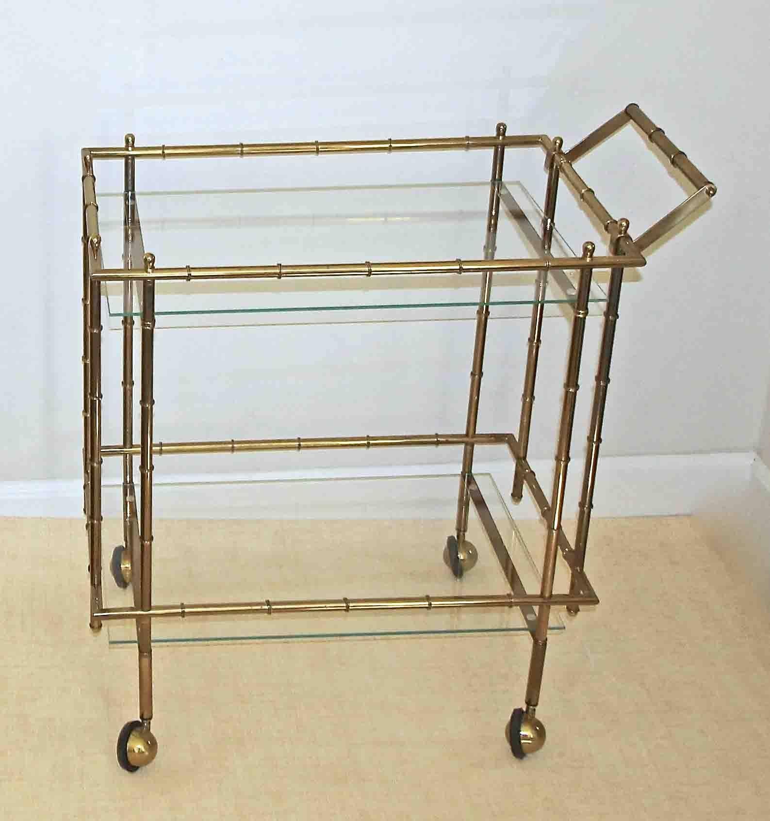 Faux Bamboo Brass Bar Cart In Good Condition For Sale In Dallas, TX
