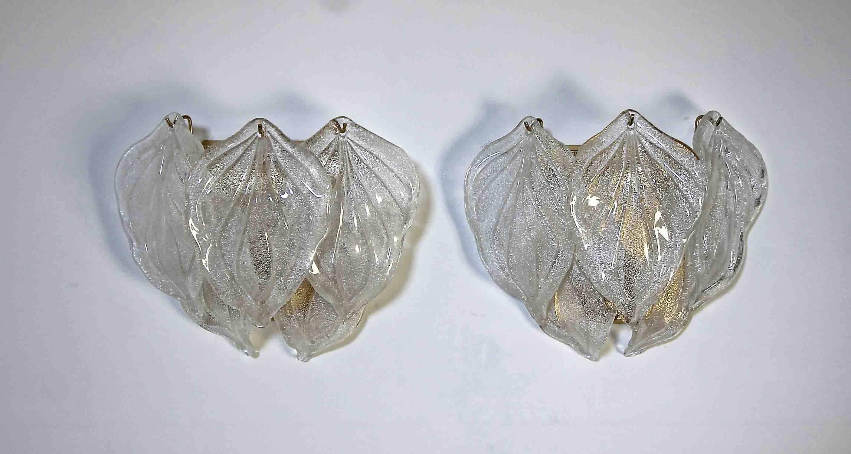 Mid-20th Century  Murano Italian Rugiadoso Glass Leaf Wall Sconces