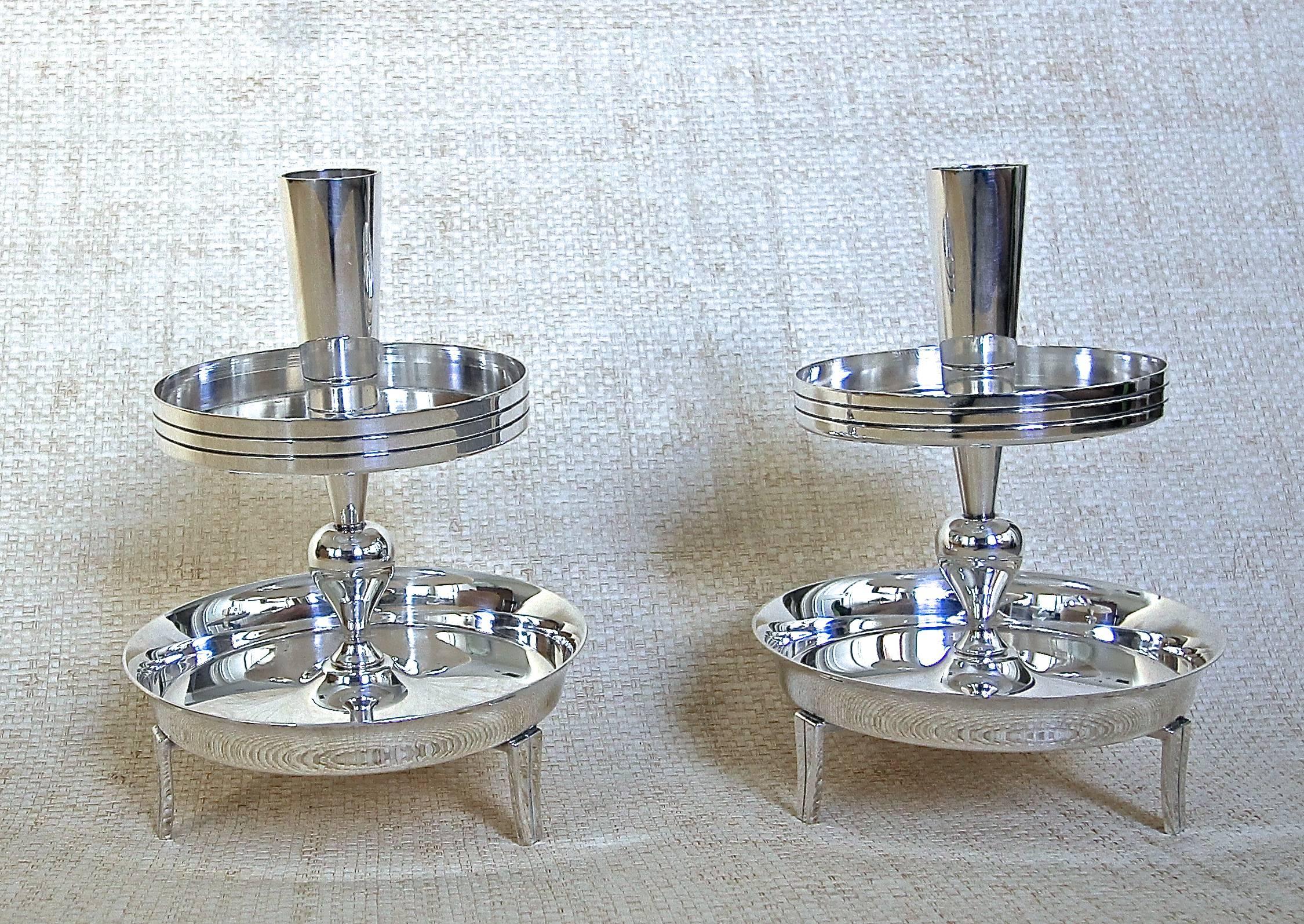 American Pair of Tommi Parzinger Two-Tier Silver Plate Candlesticks