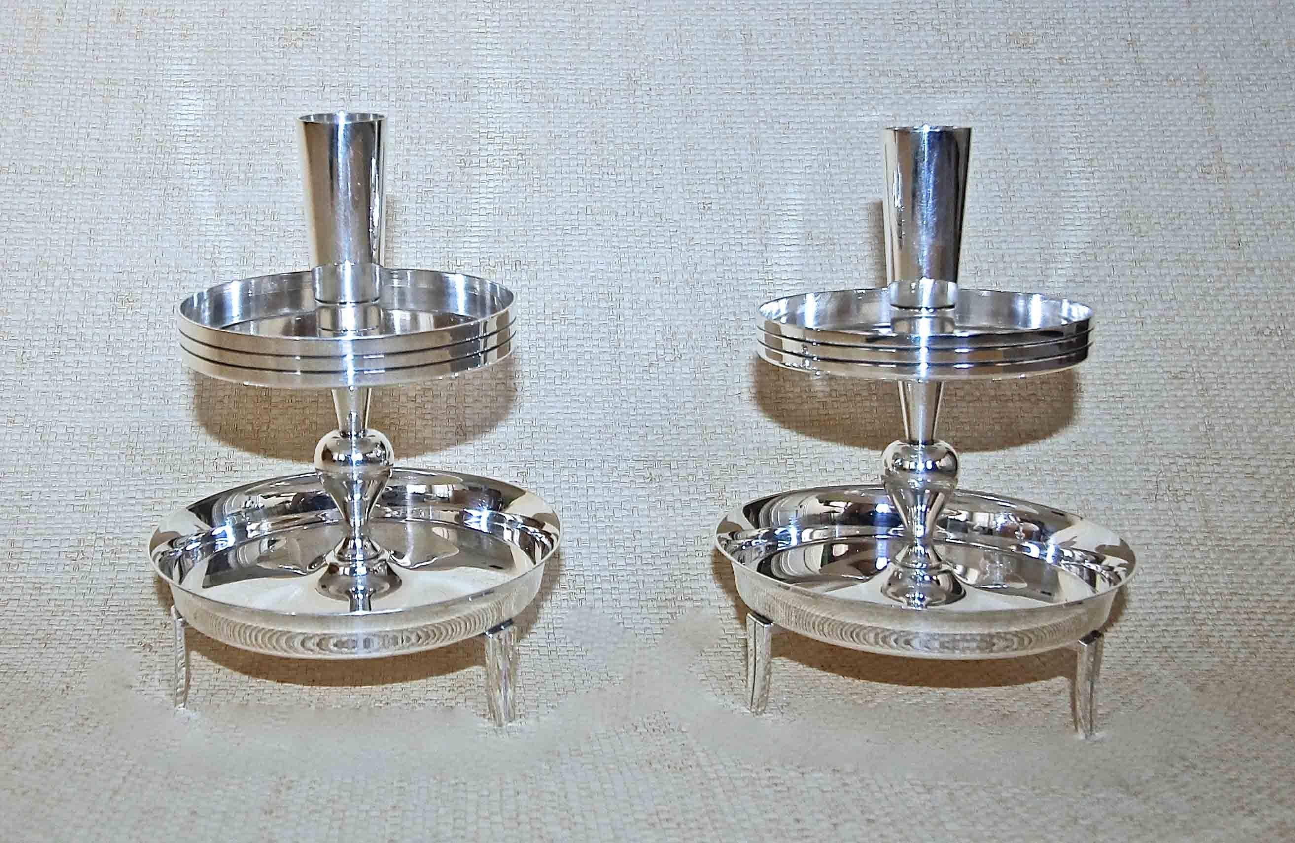 Mid-20th Century Pair of Tommi Parzinger Two-Tier Silver Plate Candlesticks
