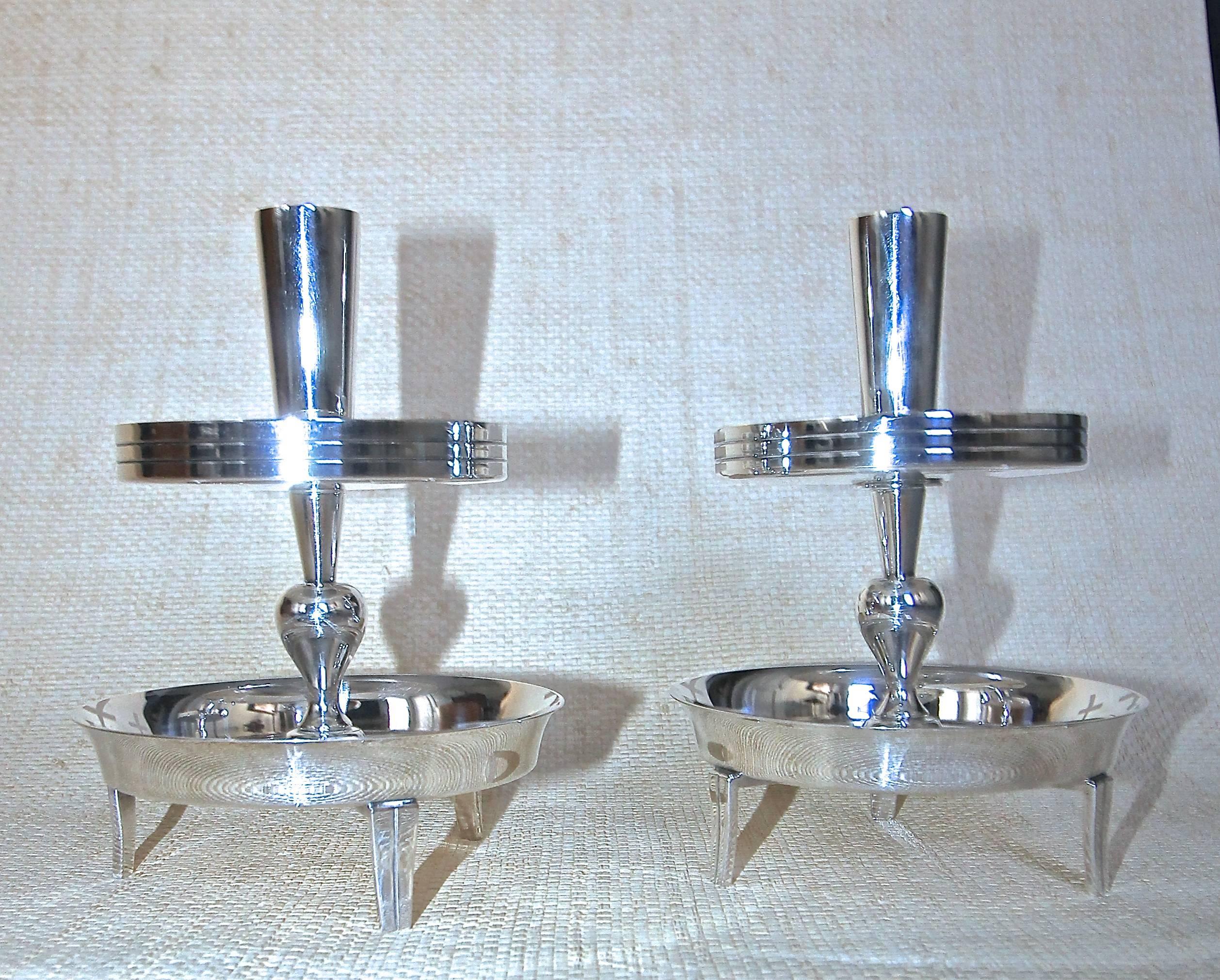 Silvered Pair of Tommi Parzinger Two-Tier Silver Plate Candlesticks