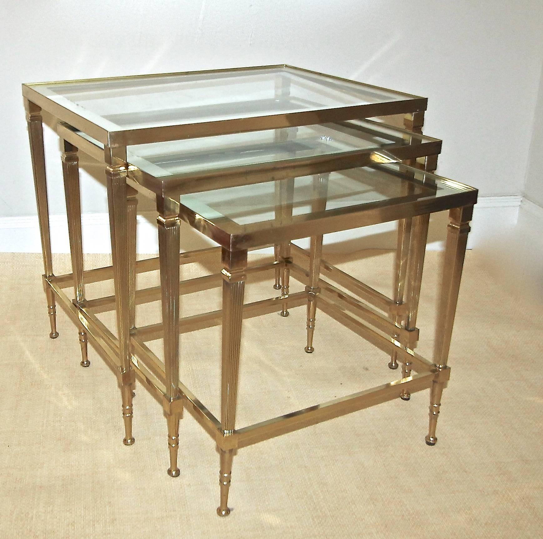 Trio of Maison Jansen French Brass Nesting Tables In Good Condition In Palm Springs, CA