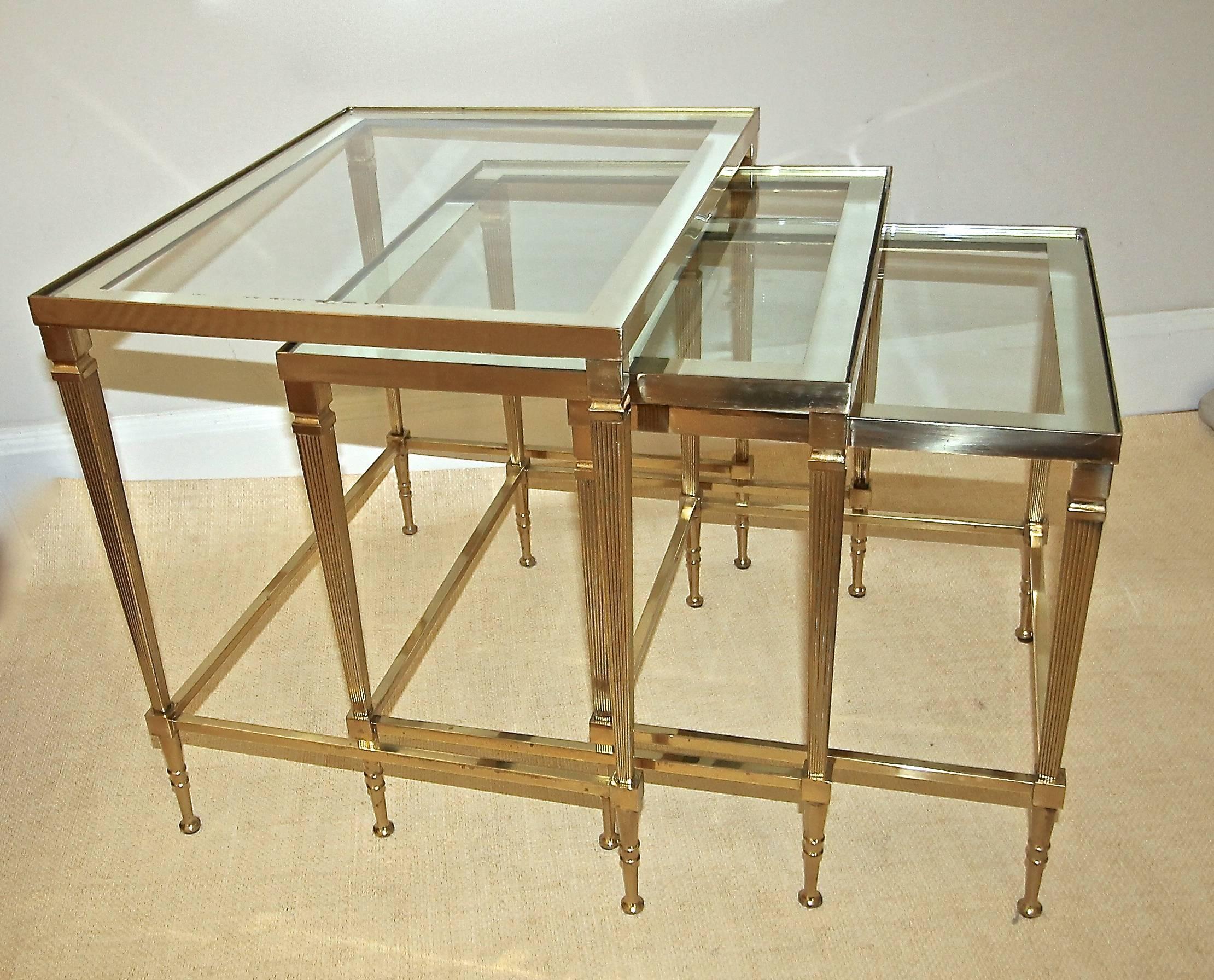 Mid-20th Century Trio of Maison Jansen French Brass Nesting Tables