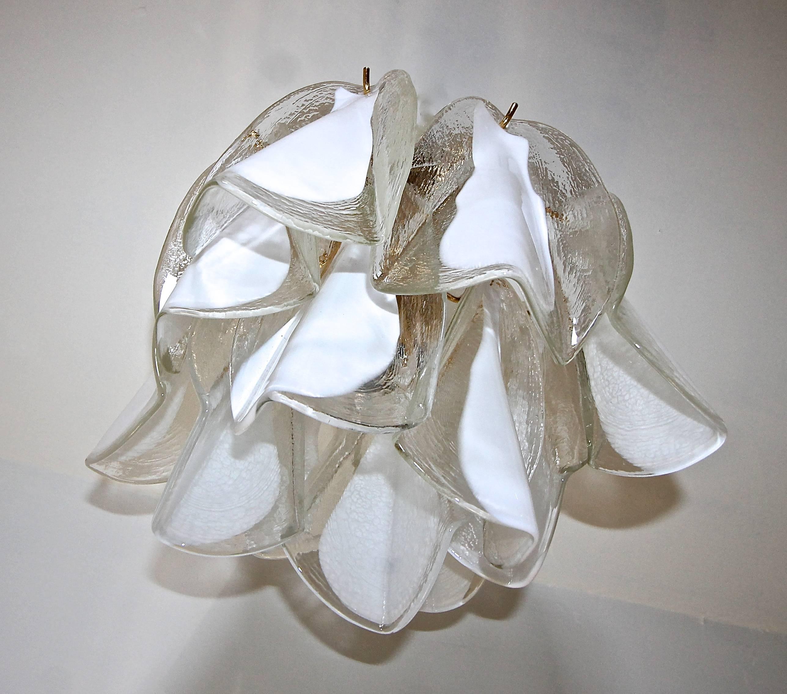 Mazzega Murano Clear and White Petal Flush Mount Ceiling Light In Excellent Condition In Palm Springs, CA