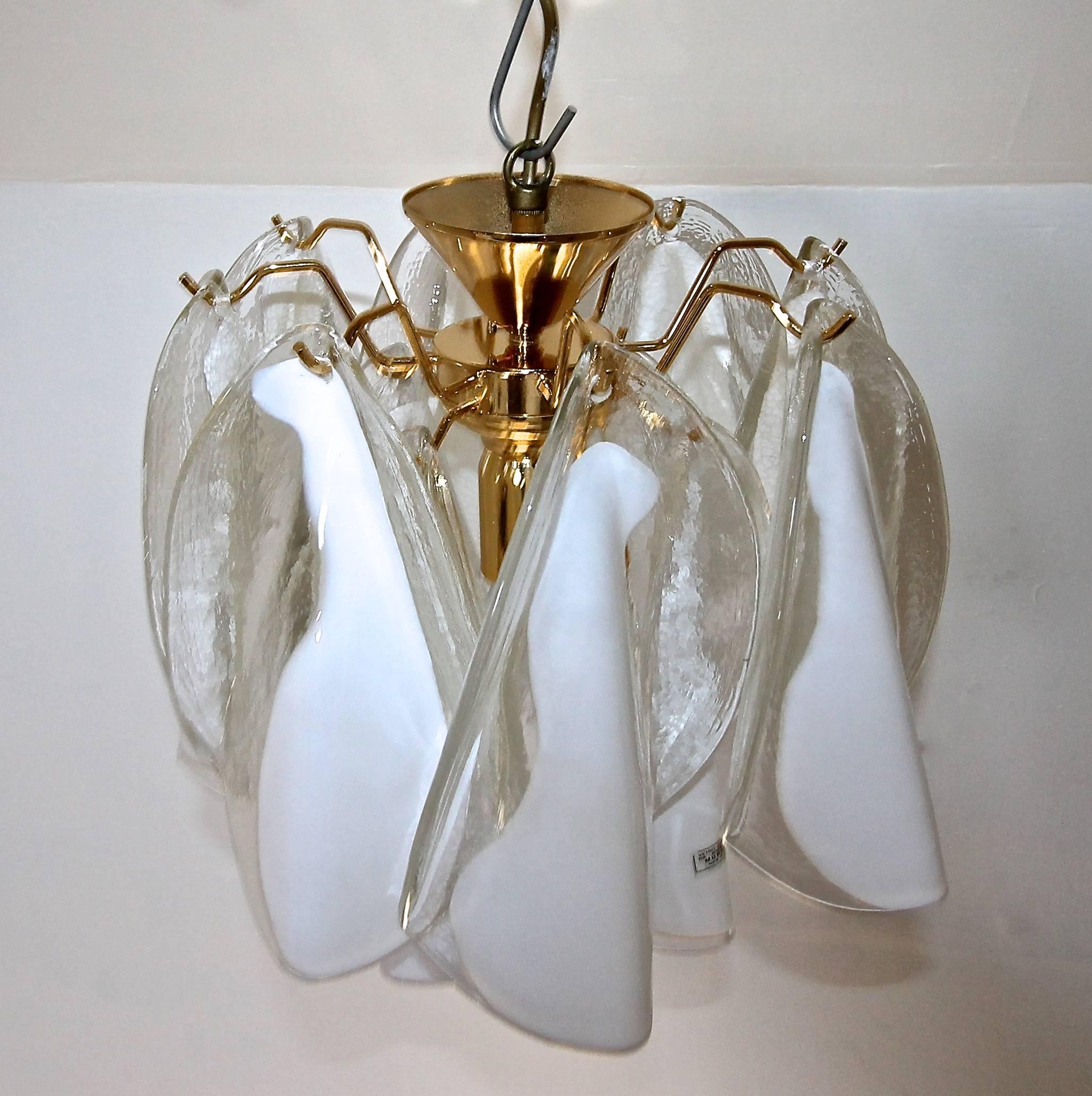 Late 20th Century Mazzega Murano Clear and White Petal Flush Mount Ceiling Light