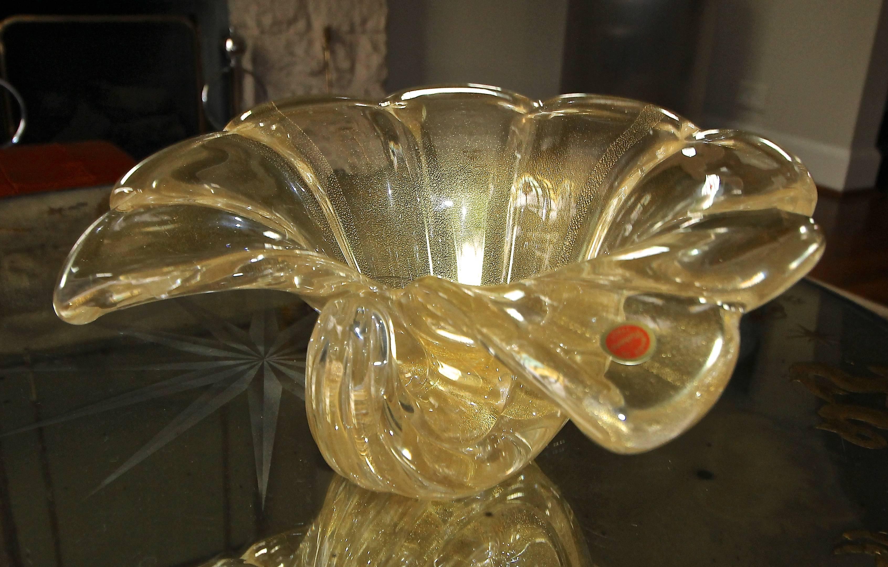 Glass Large Barovier Murano Gold Seashell Centerpiece Bowl For Sale